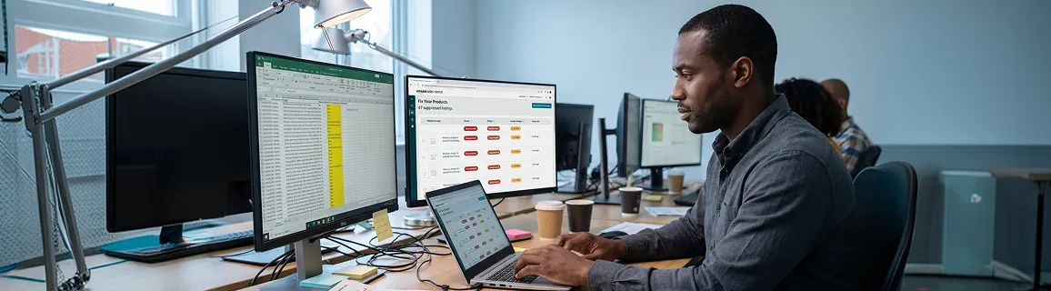Ecommerce seller staring at multiple spreadsheet tabs showing inconsistent catalog data across screens, frustrated expression Ecommerce seller staring at multiple spreadsheet tabs showing inconsistent catalog data across screens, frustrated expression