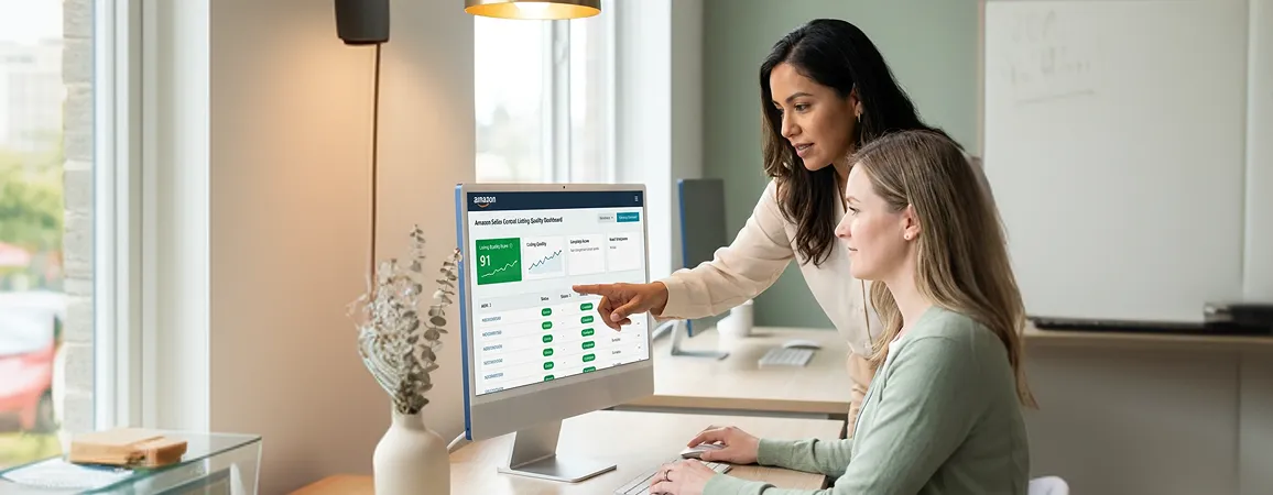 Small ecommerce operations team reviewing clean Amazon catalog health dashboard together, natural window light, relieved expressions Small ecommerce operations team reviewing clean Amazon catalog health dashboard together, natural window light, relieved expressions