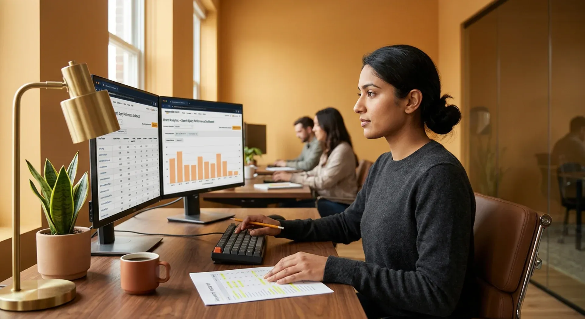 Amazon search engine optimization analyst reviewing keyword rank tracking data on monitors in natural desk light, focused side profile Amazon search engine optimization analyst reviewing keyword rank tracking data on monitors in natural desk light, focused side profile