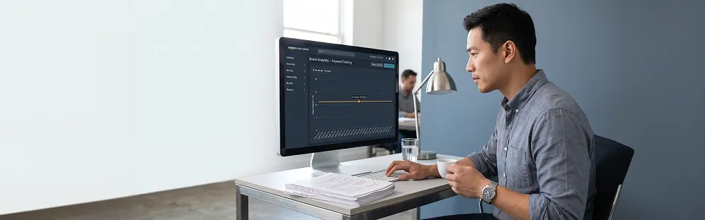 Brand owner at desk reviewing flat Amazon organic ranking chart with concerned expression in natural light Brand owner at desk reviewing flat Amazon organic ranking chart with concerned expression in natural light