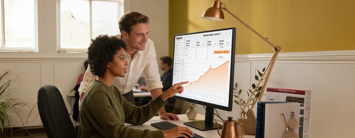 Amazon brand manager reviewing organic rank growth dashboard with team in warm office light, over the shoulder angle Amazon brand manager reviewing organic rank growth dashboard with team in warm office light, over the shoulder angle