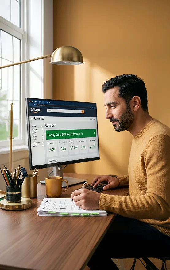 Ecommerce director reviewing optimized Amazon listing performance with visible relief and focus, natural desk light, screen visible Ecommerce director reviewing optimized Amazon listing performance with visible relief and focus, natural desk light, screen visible
