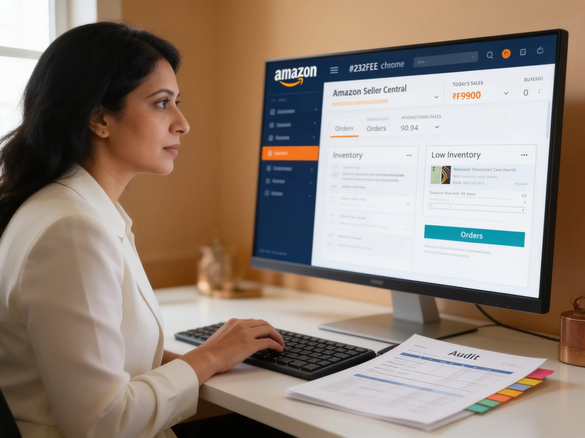 South Asian ecommerce director reviewing Amazon Seller Central audit findings on dual monitors South Asian ecommerce director reviewing Amazon Seller Central audit findings on dual monitors