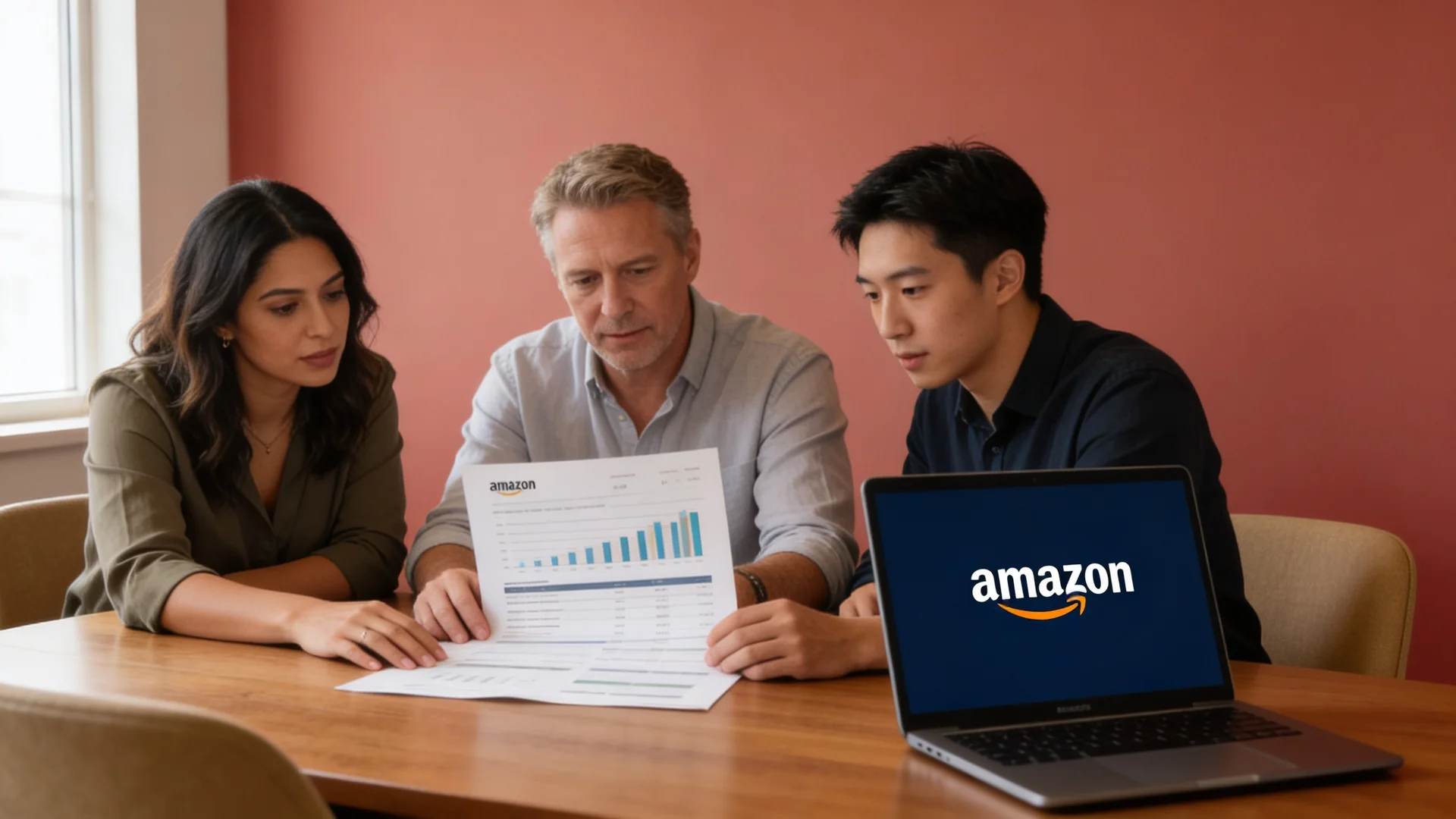 Latina ecommerce team reviewing Amazon audit deliverable document on laptop Latina ecommerce team reviewing Amazon audit deliverable document on laptop