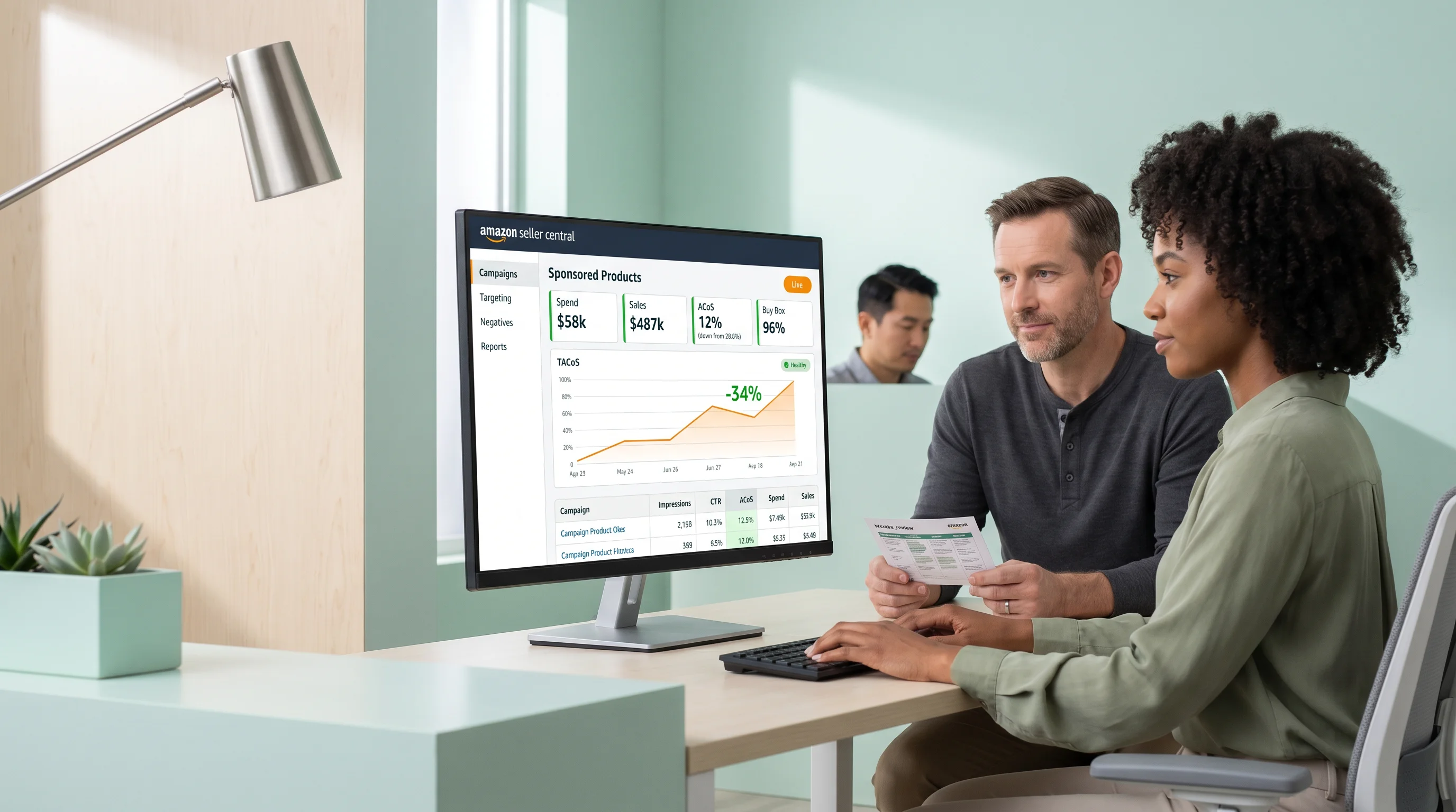 Two brand operations staff reviewing climbing Sponsored Products performance and green key performance tiles inside Seller Central Two brand operations staff reviewing climbing Sponsored Products performance and green key performance tiles inside Seller Central