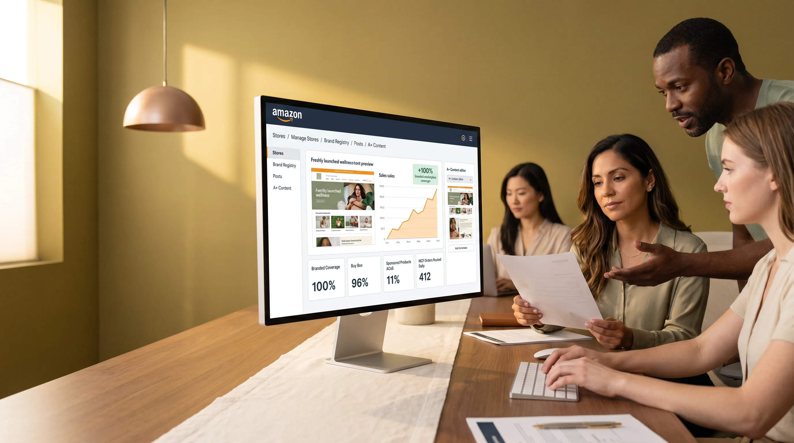 Amazon operations lead reviewing the Seller Central dashboard, catalog health and advertising rows side by side Amazon operations lead reviewing the Seller Central dashboard, catalog health and advertising rows side by side