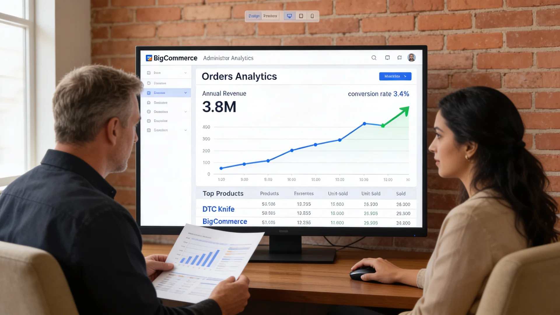 Off Grid Knives ecommerce team reviewing BigCommerce sales analytics showing $3.8M revenue milestone Off Grid Knives ecommerce team reviewing BigCommerce sales analytics showing $3.8M revenue milestone