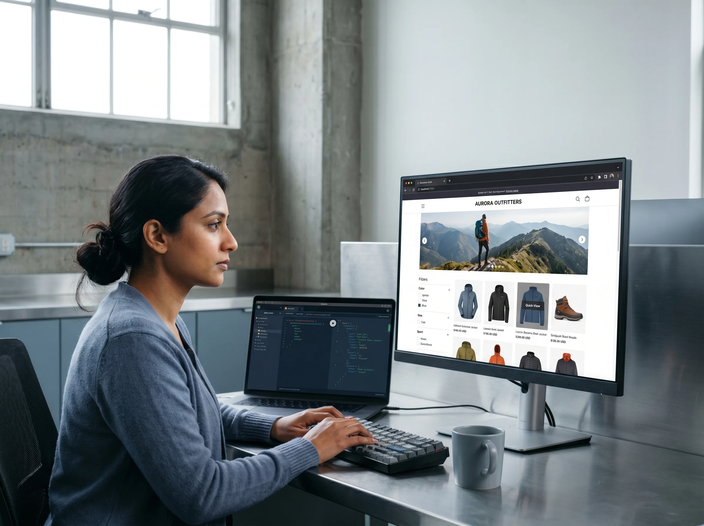 Headless BigCommerce storefront preview alongside the BigCommerce GraphQL API console Headless BigCommerce storefront preview alongside the BigCommerce GraphQL API console