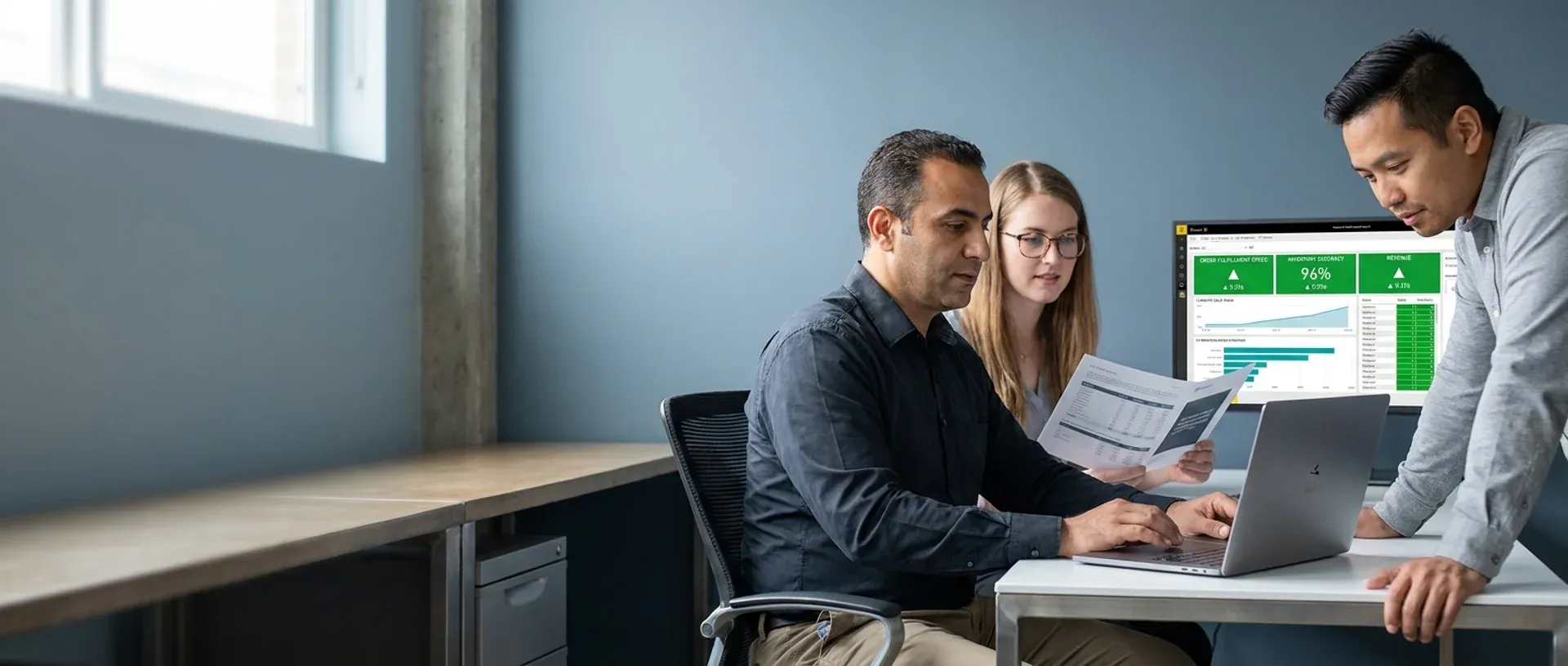 Operations lead reviewing post-engagement performance metrics with their team, clear improvement in process outcomes Operations lead reviewing post-engagement performance metrics with their team, clear improvement in process outcomes