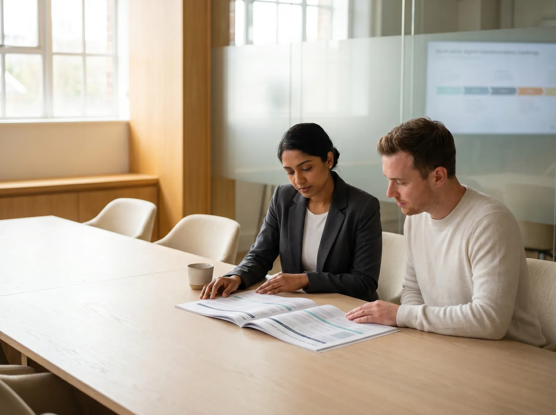 Senior consultant and technology director reviewing digital transformation strategy documents in a modern office Senior consultant and technology director reviewing digital transformation strategy documents in a modern office