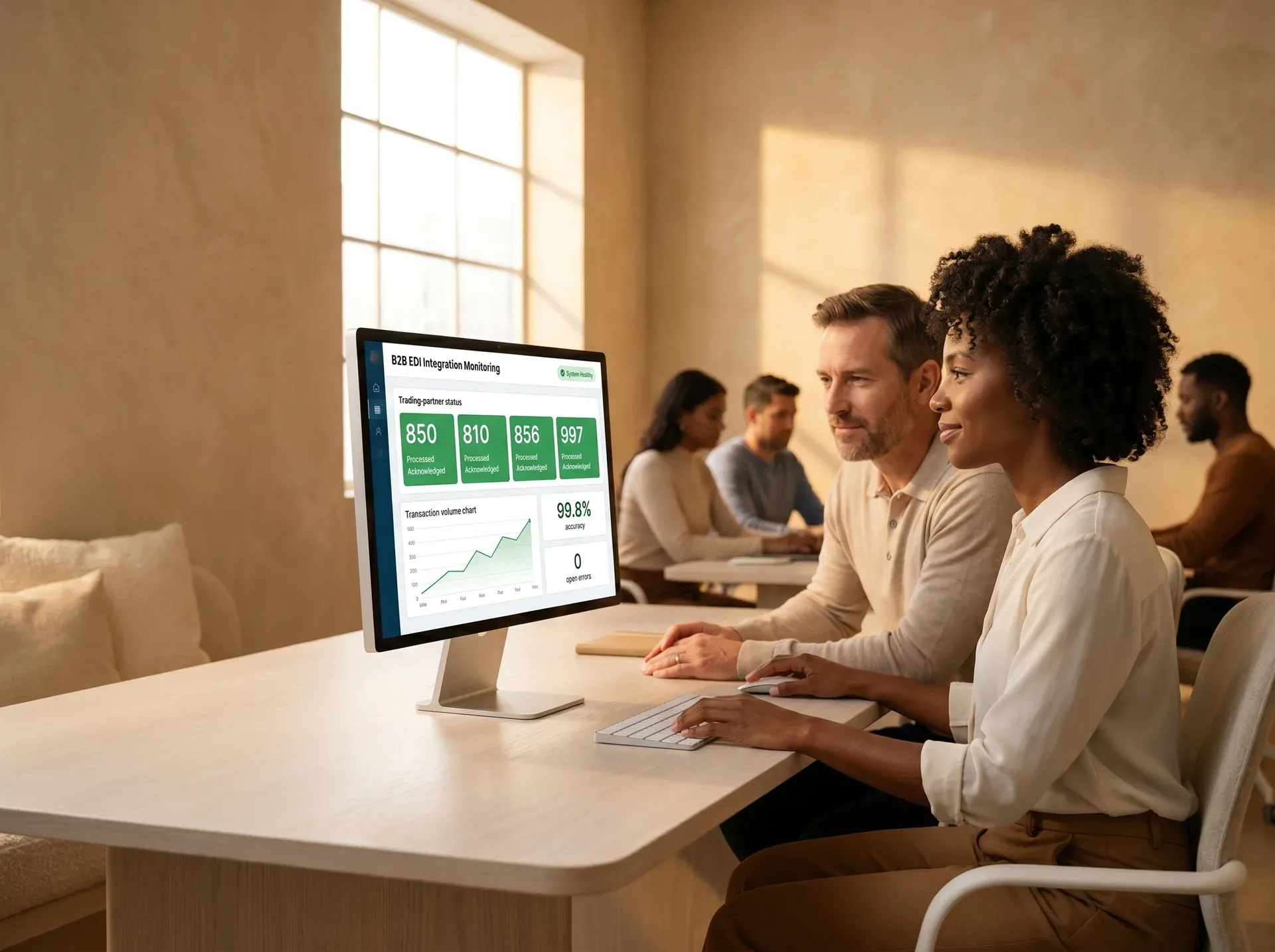 Operations analyst reviewing EDI transaction data at a workstation alongside colleagues Operations analyst reviewing EDI transaction data at a workstation alongside colleagues