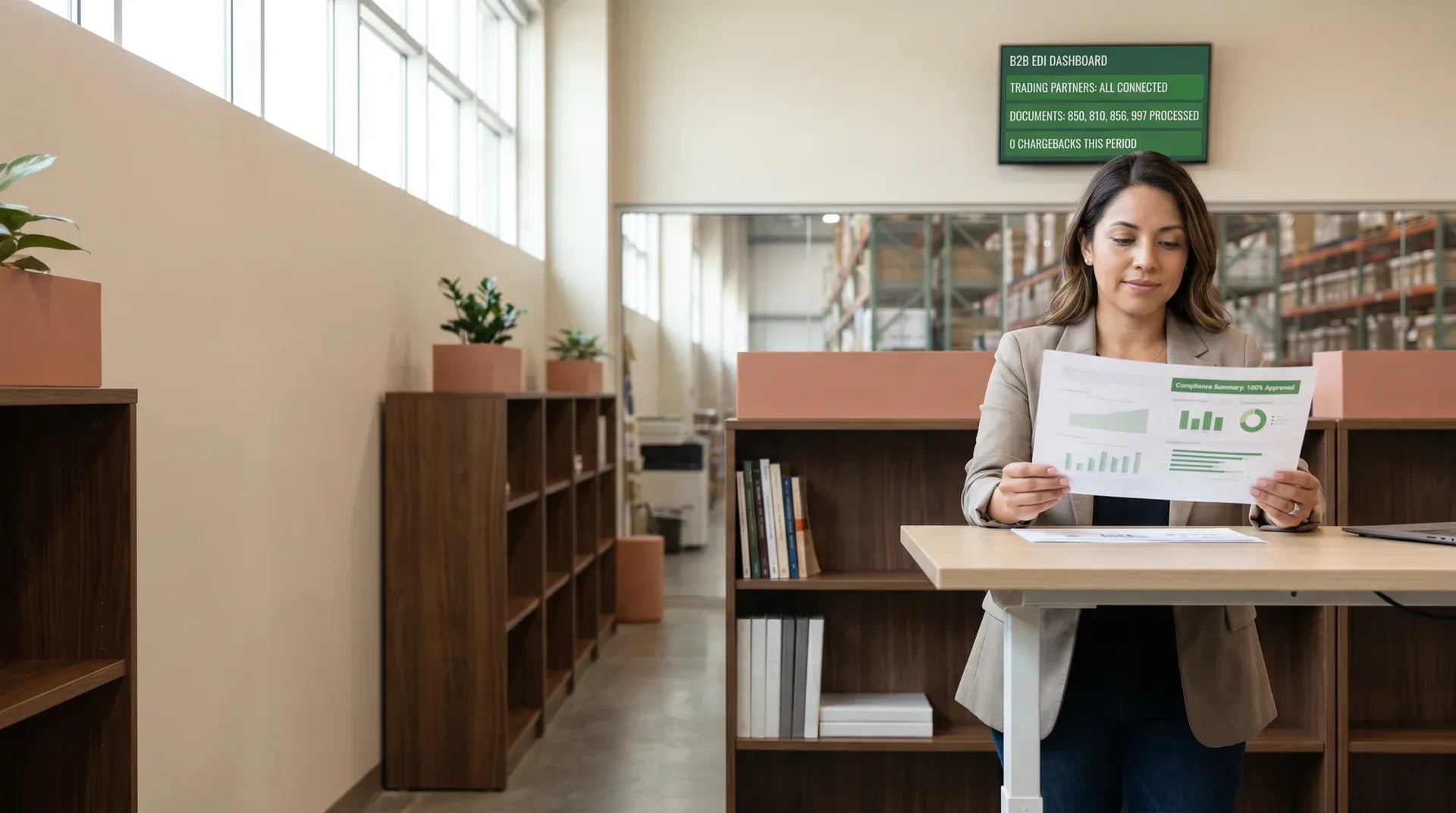 Warehouse operations manager reviewing incoming shipment documents and EDI error reports at a distribution facility Warehouse operations manager reviewing incoming shipment documents and EDI error reports at a distribution facility