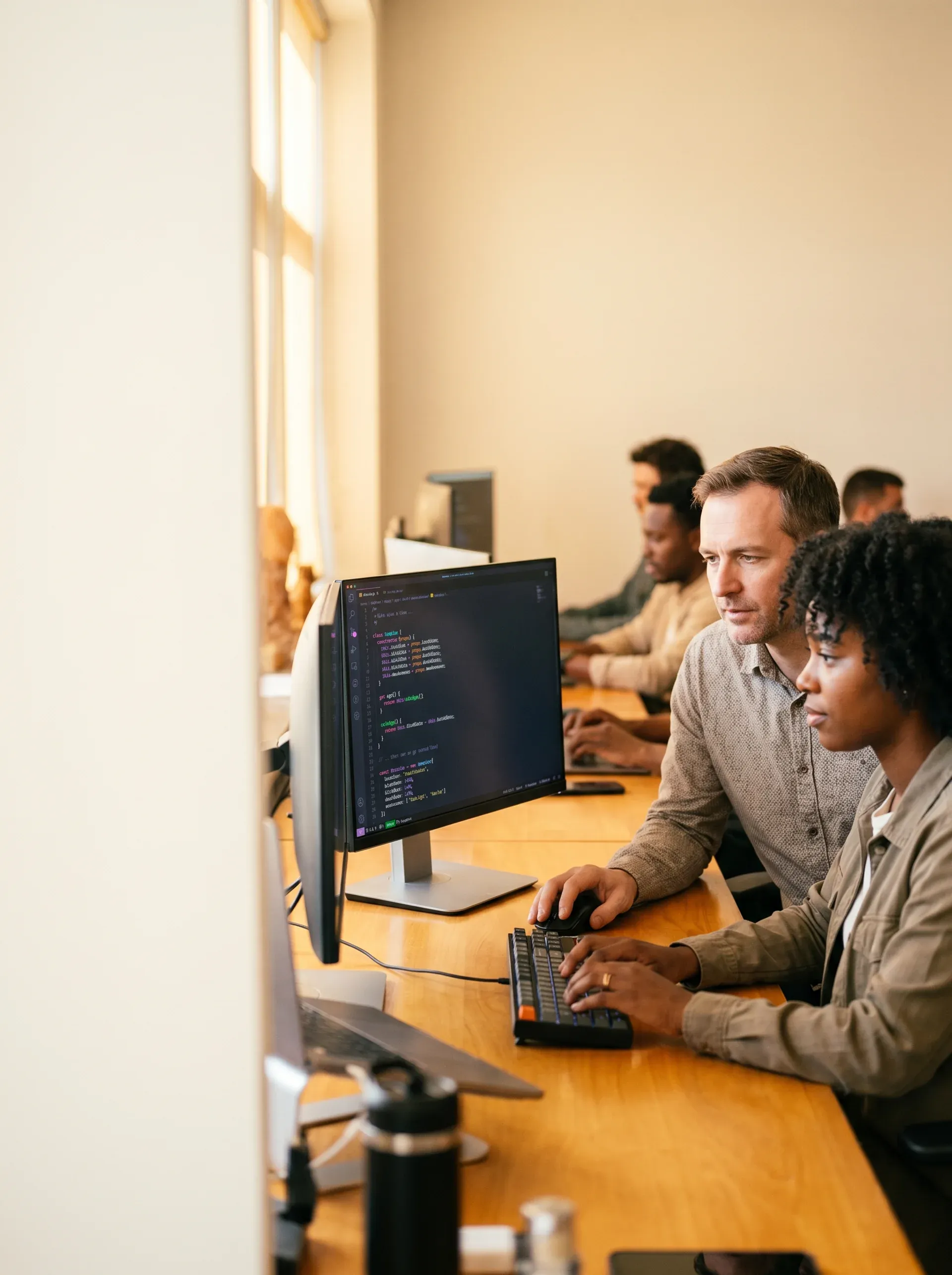 Two engineers pair-programming at dual monitors in a modern development studio Two engineers pair-programming at dual monitors in a modern development studio