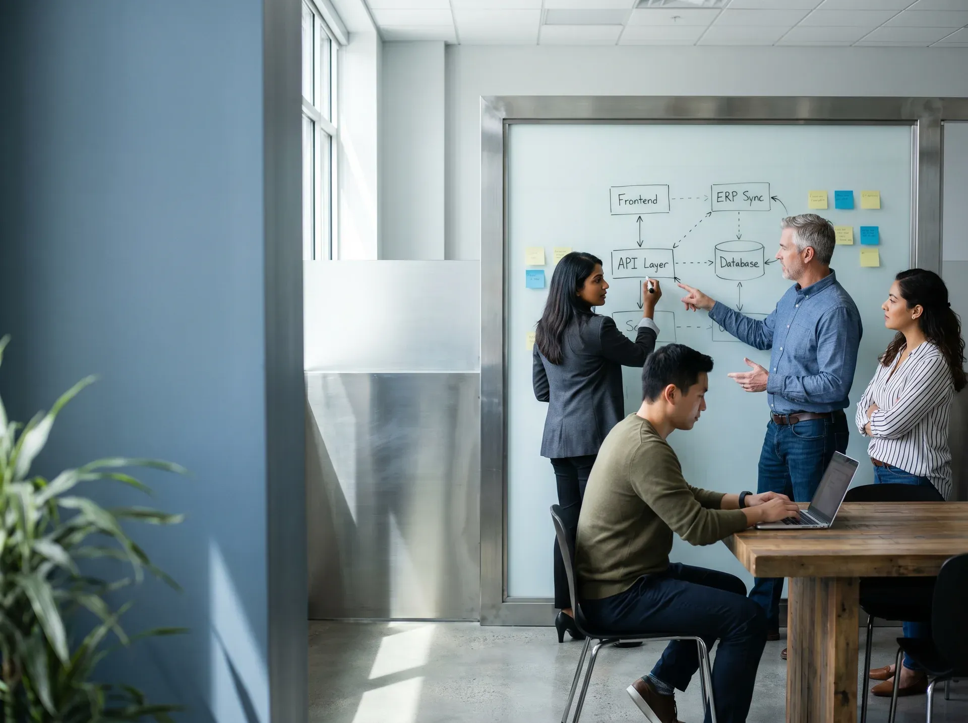 Cross-functional software consulting team reviewing architecture plans at a whiteboard Cross-functional software consulting team reviewing architecture plans at a whiteboard