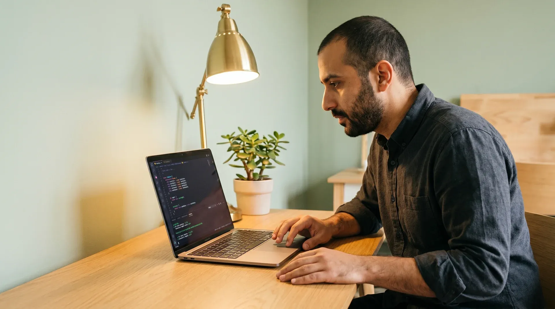 Developer focused at laptop reviewing code output in quiet office setting Developer focused at laptop reviewing code output in quiet office setting
