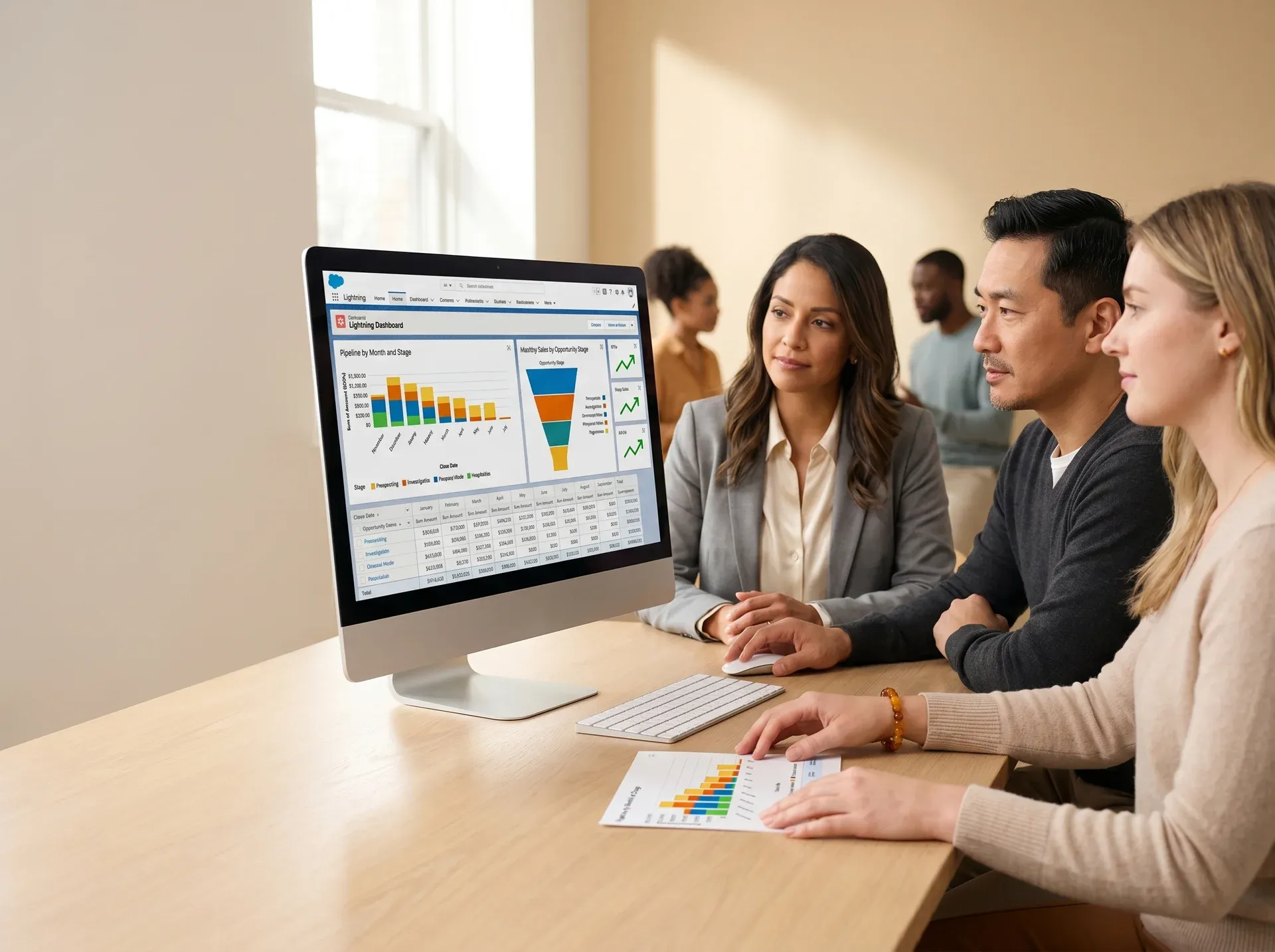 Customer relationship management consultant presenting pipeline analysis to a client sales team in a modern office Customer relationship management consultant presenting pipeline analysis to a client sales team in a modern office