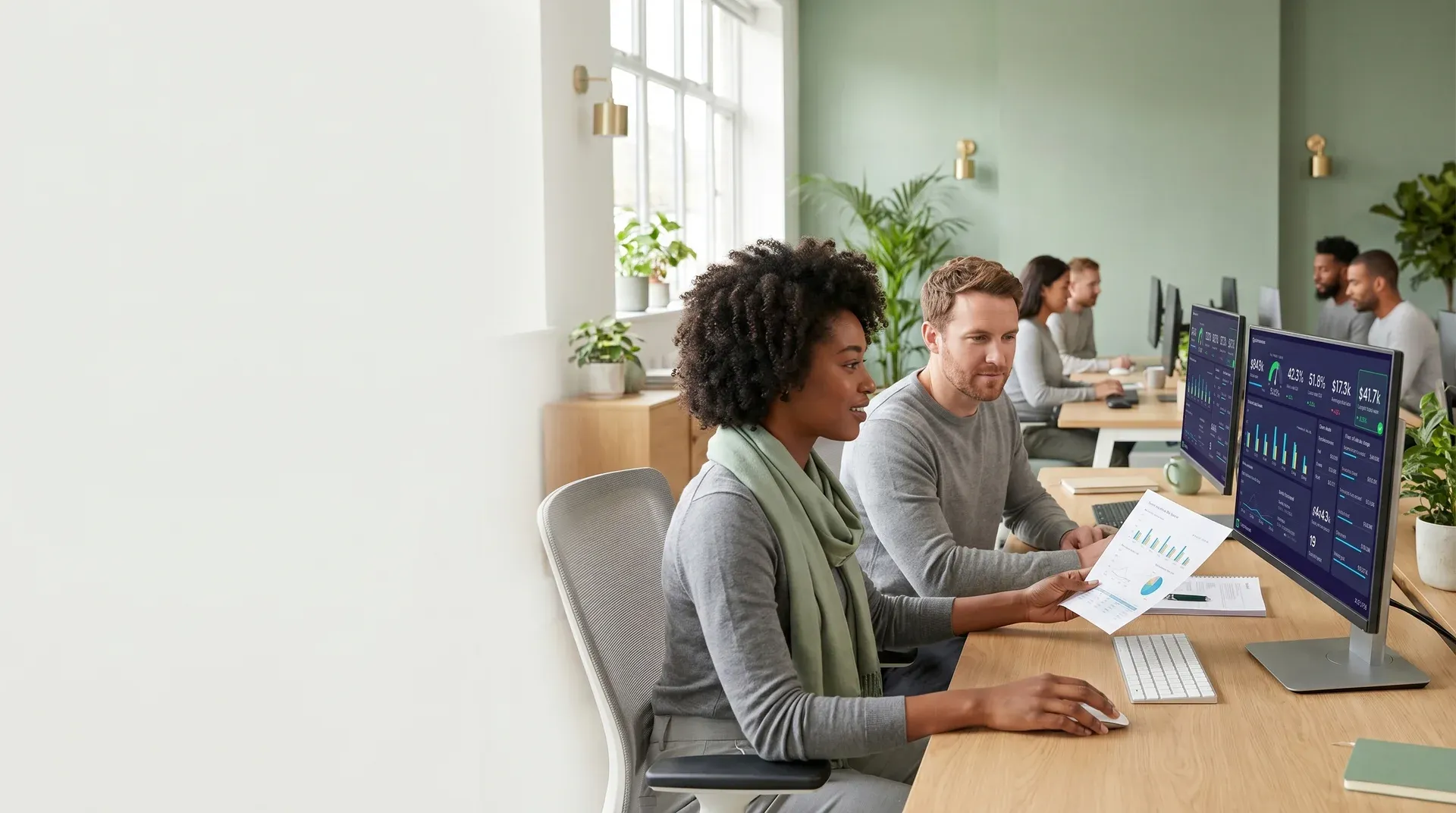 Sales operations team reviewing customer relationship data at shared workstations in an open office space Sales operations team reviewing customer relationship data at shared workstations in an open office space