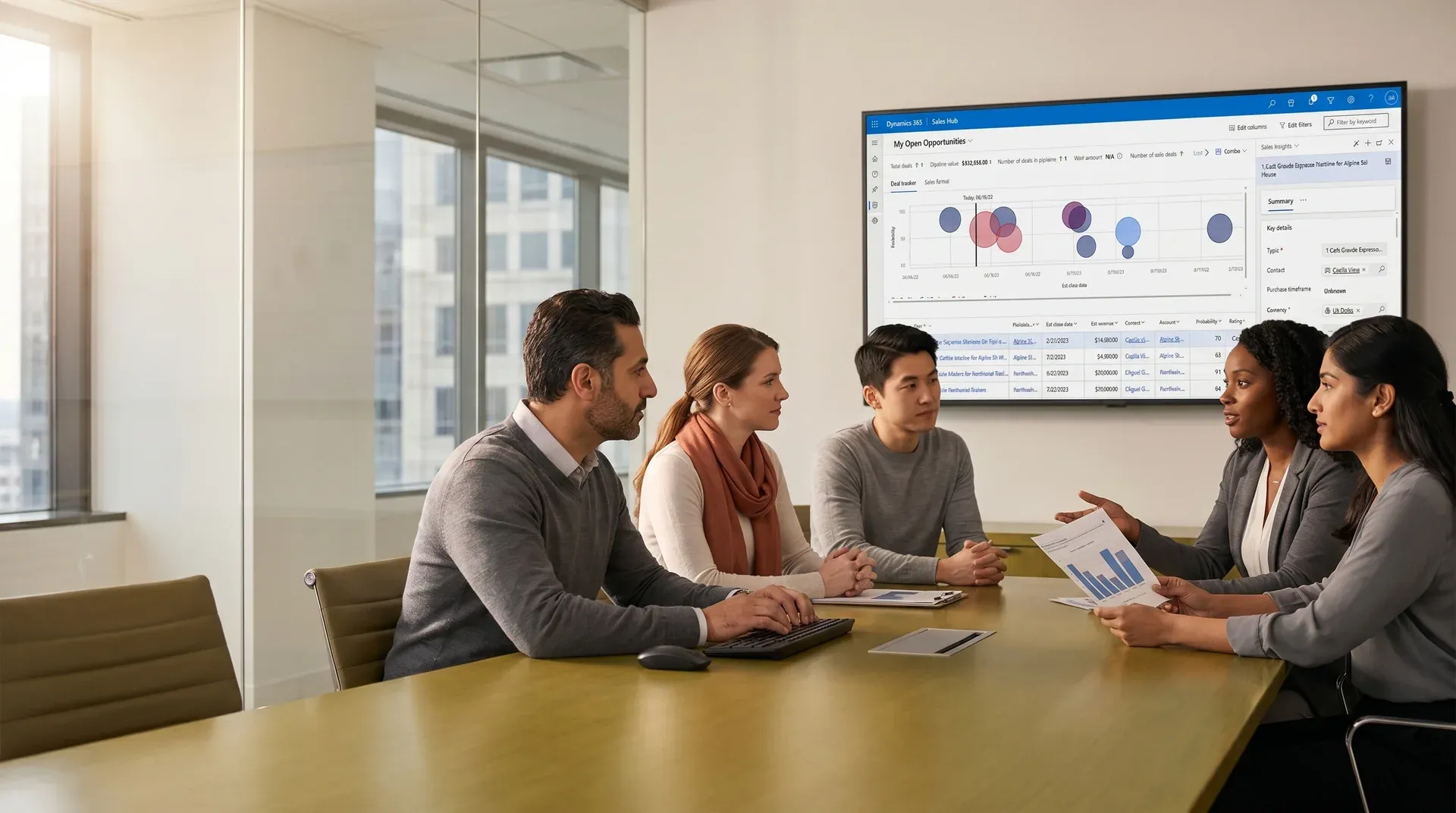 Customer relationship management consulting team collaborating around a conference table reviewing revenue pipeline on a shared screen Customer relationship management consulting team collaborating around a conference table reviewing revenue pipeline on a shared screen
