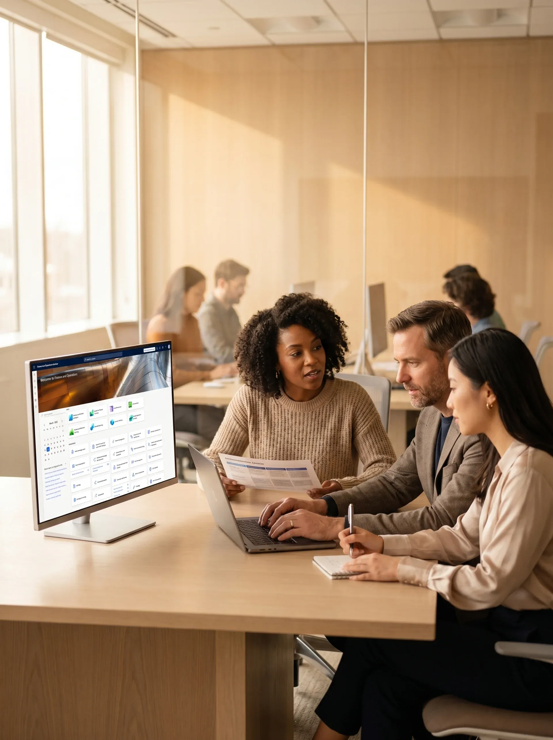 Consulting team reviewing enterprise resource planning implementation strategy in a modern office environment Consulting team reviewing enterprise resource planning implementation strategy in a modern office environment
