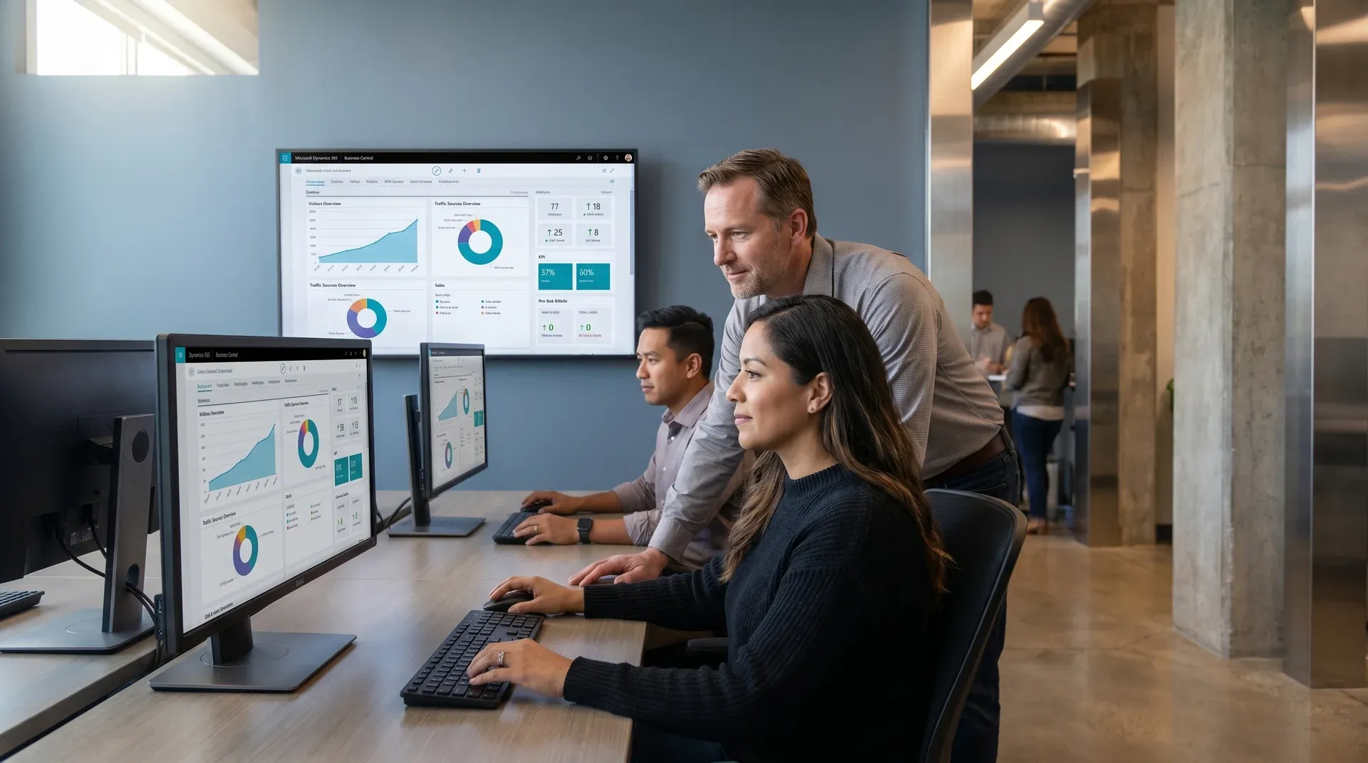 Operations manager and team reviewing live enterprise resource planning data on a large office display Operations manager and team reviewing live enterprise resource planning data on a large office display