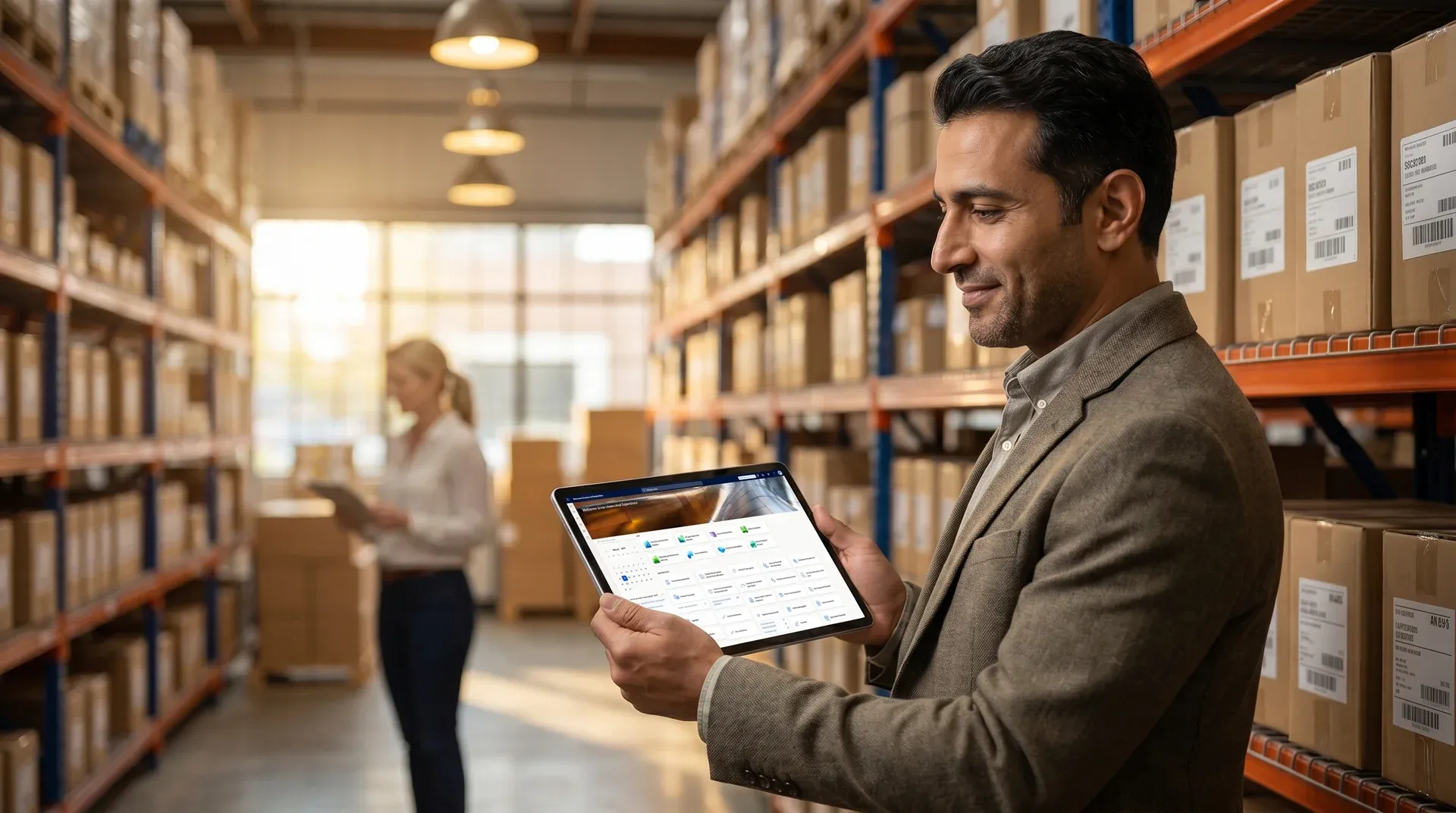 Warehouse operations manager reviewing inventory data on a tablet after enterprise resource planning implementation Warehouse operations manager reviewing inventory data on a tablet after enterprise resource planning implementation
