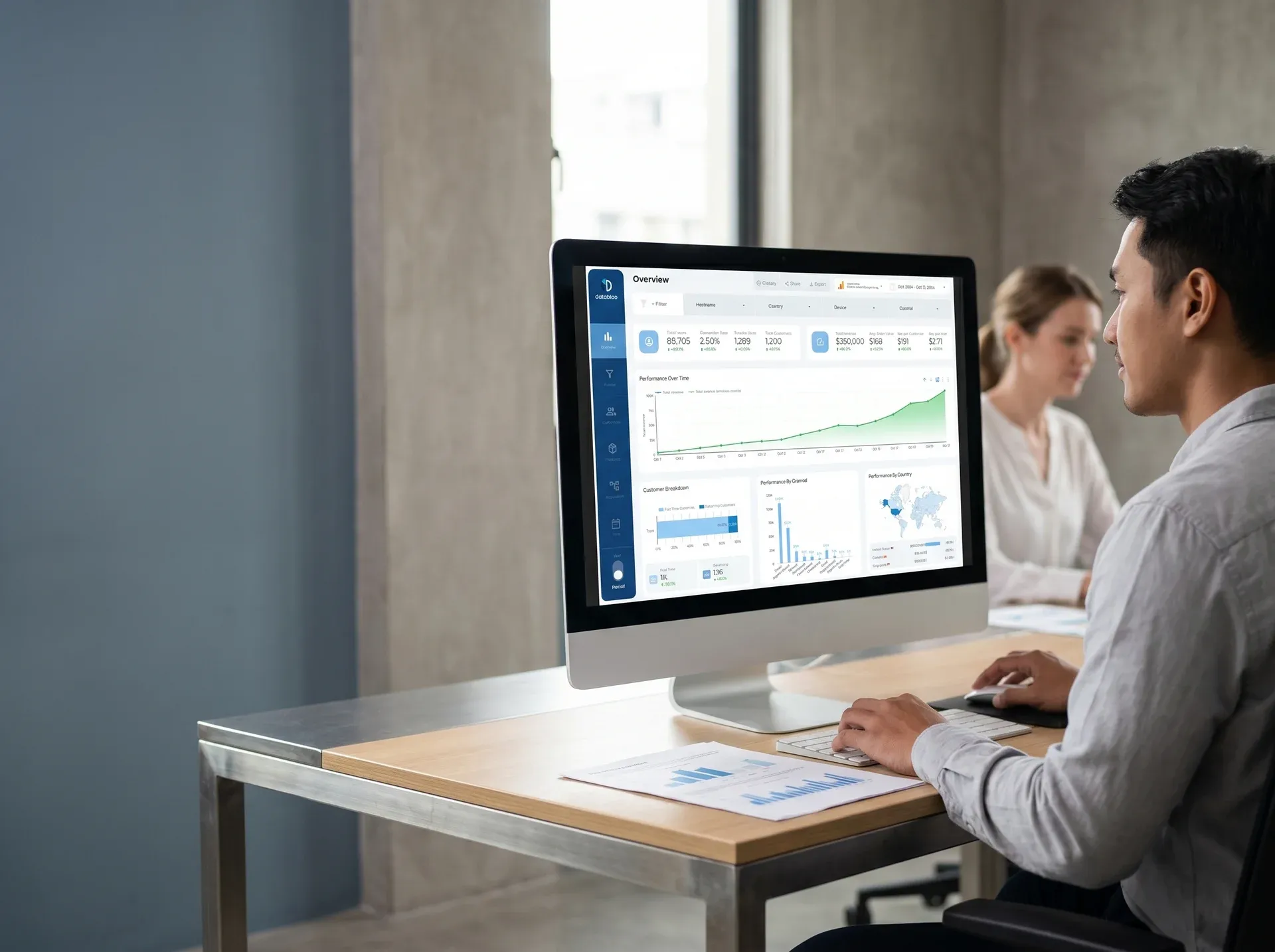 Ecommerce operator reviewing conversion rate analytics dashboard showing growth after UX optimization Ecommerce operator reviewing conversion rate analytics dashboard showing growth after UX optimization