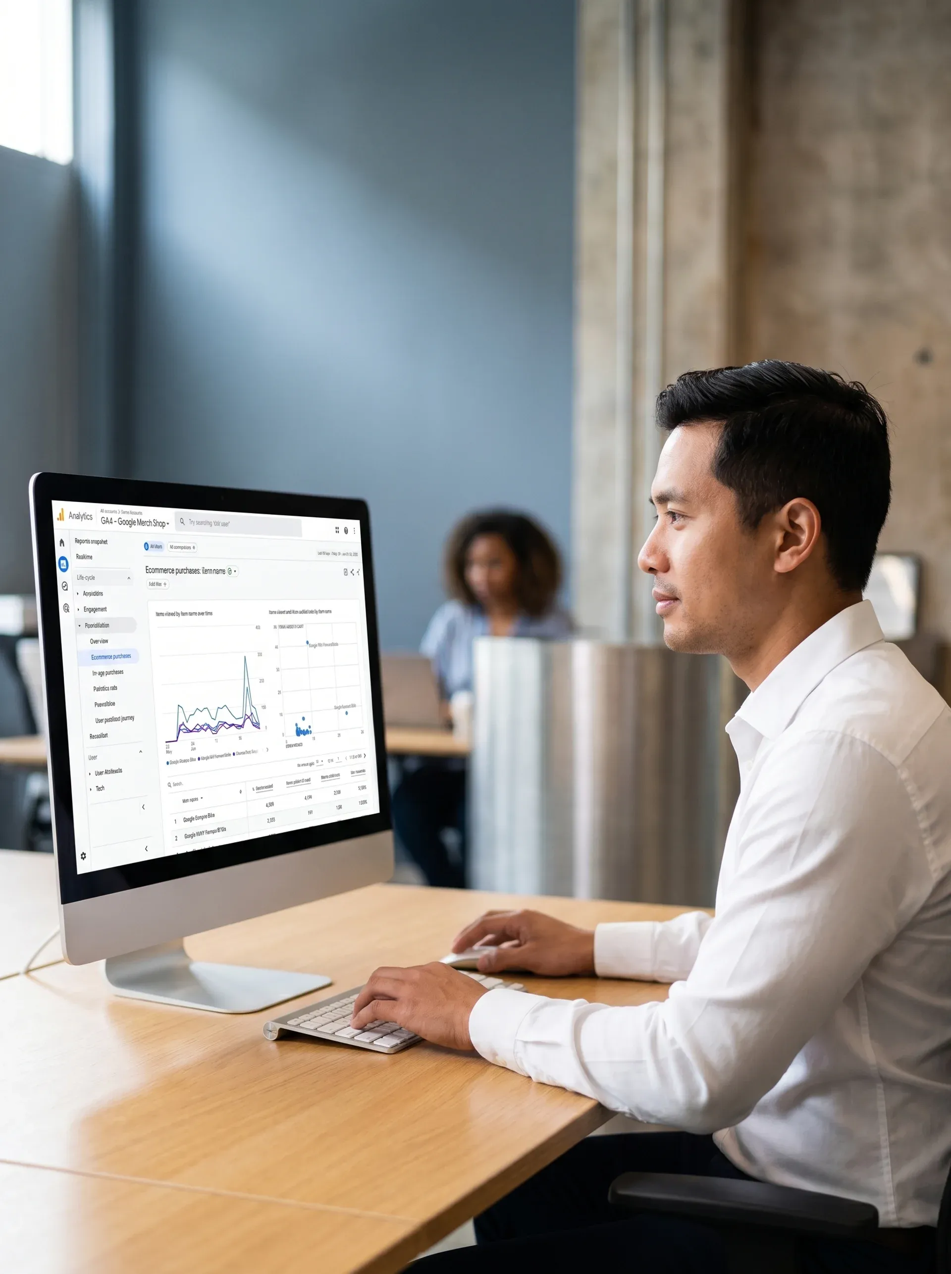 Business analyst reviewing ecommerce conversion performance data on screen Business analyst reviewing ecommerce conversion performance data on screen