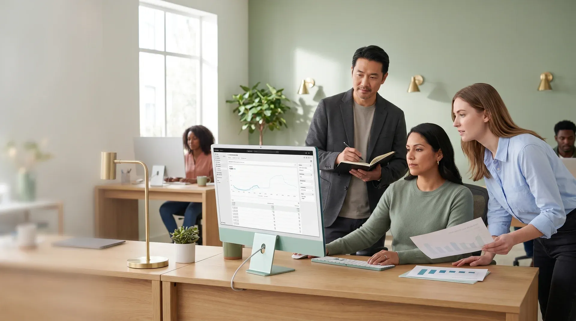 Ecommerce consulting team collaborating on revenue growth plan at shared workspace