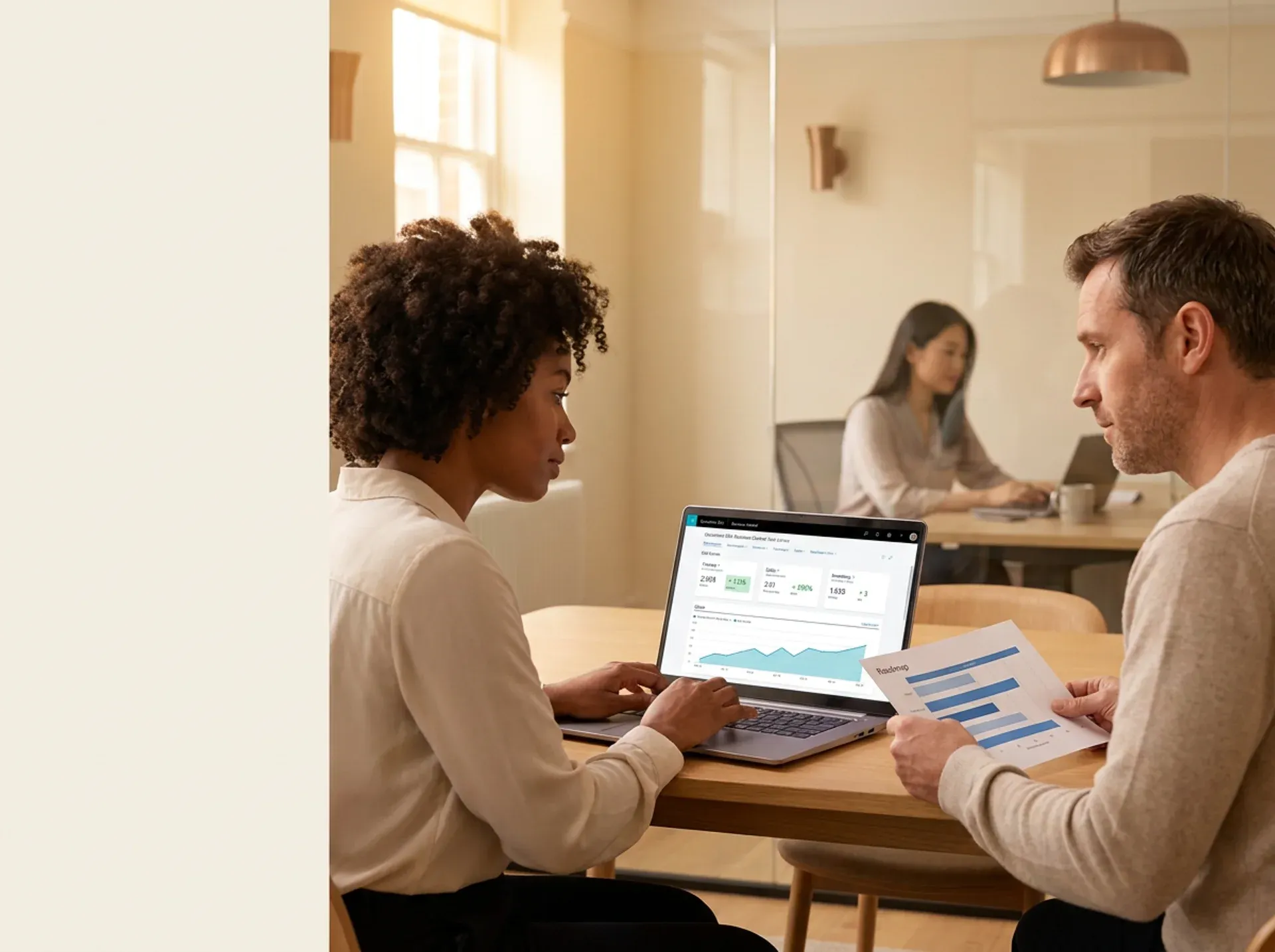 IT consultant and enterprise leader reviewing Microsoft Dynamics 365 implementation roadmap in a modern office IT consultant and enterprise leader reviewing Microsoft Dynamics 365 implementation roadmap in a modern office