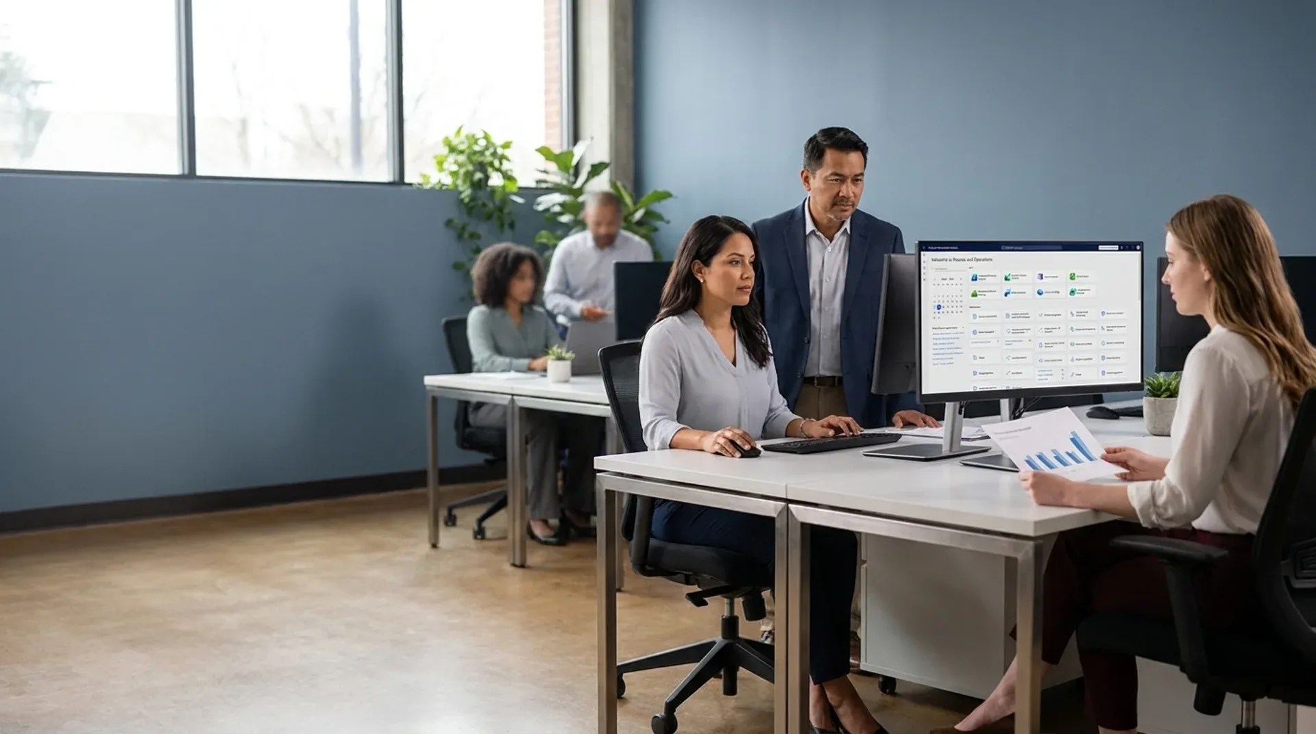 Enterprise operations team analyzing enterprise resource planning data and inventory workflows on a shared dashboard screen Enterprise operations team analyzing enterprise resource planning data and inventory workflows on a shared dashboard screen