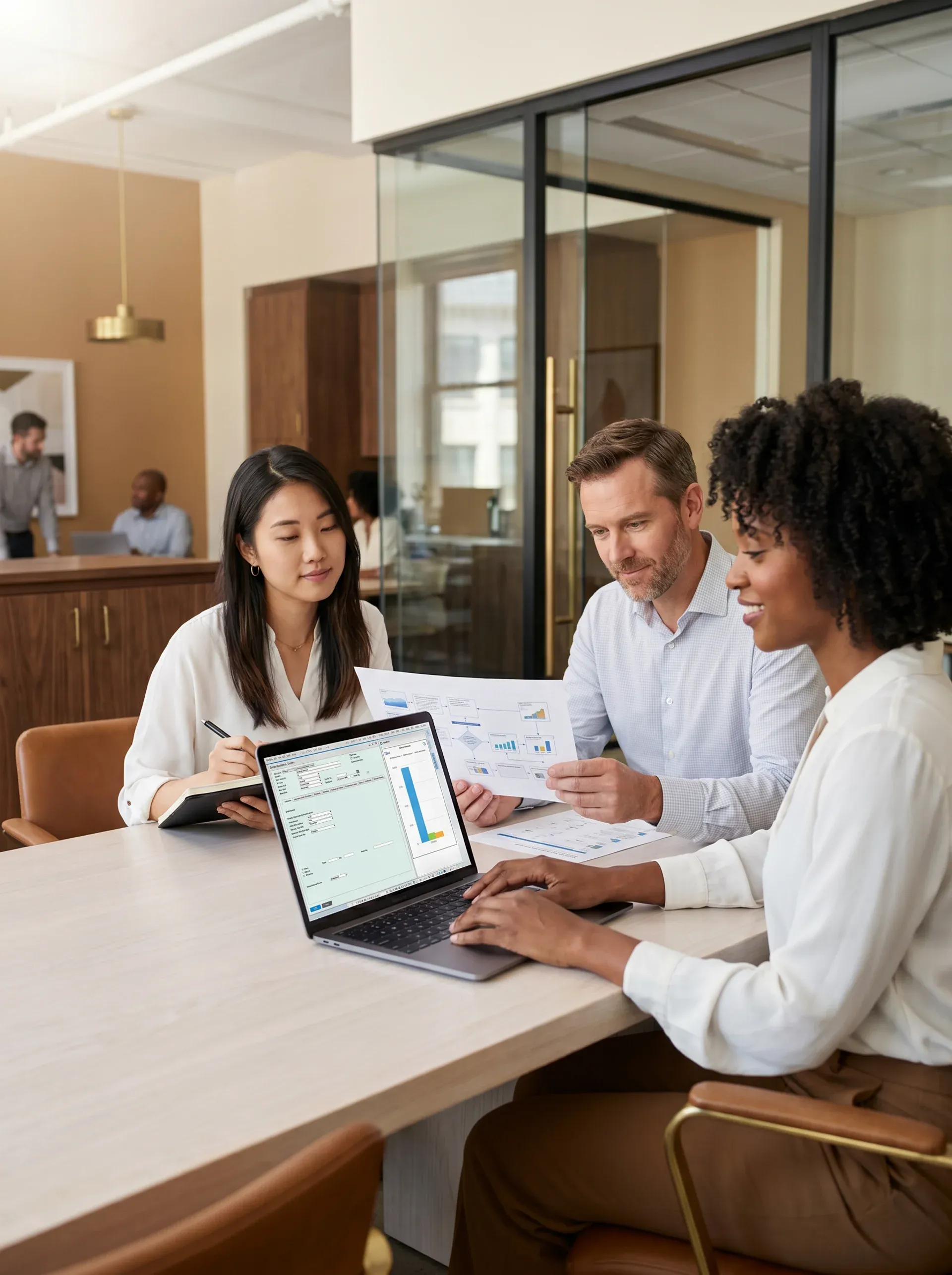 Enterprise resource planning consultant team collaborating on SAP software implementation plan in a modern office Enterprise resource planning consultant team collaborating on SAP software implementation plan in a modern office