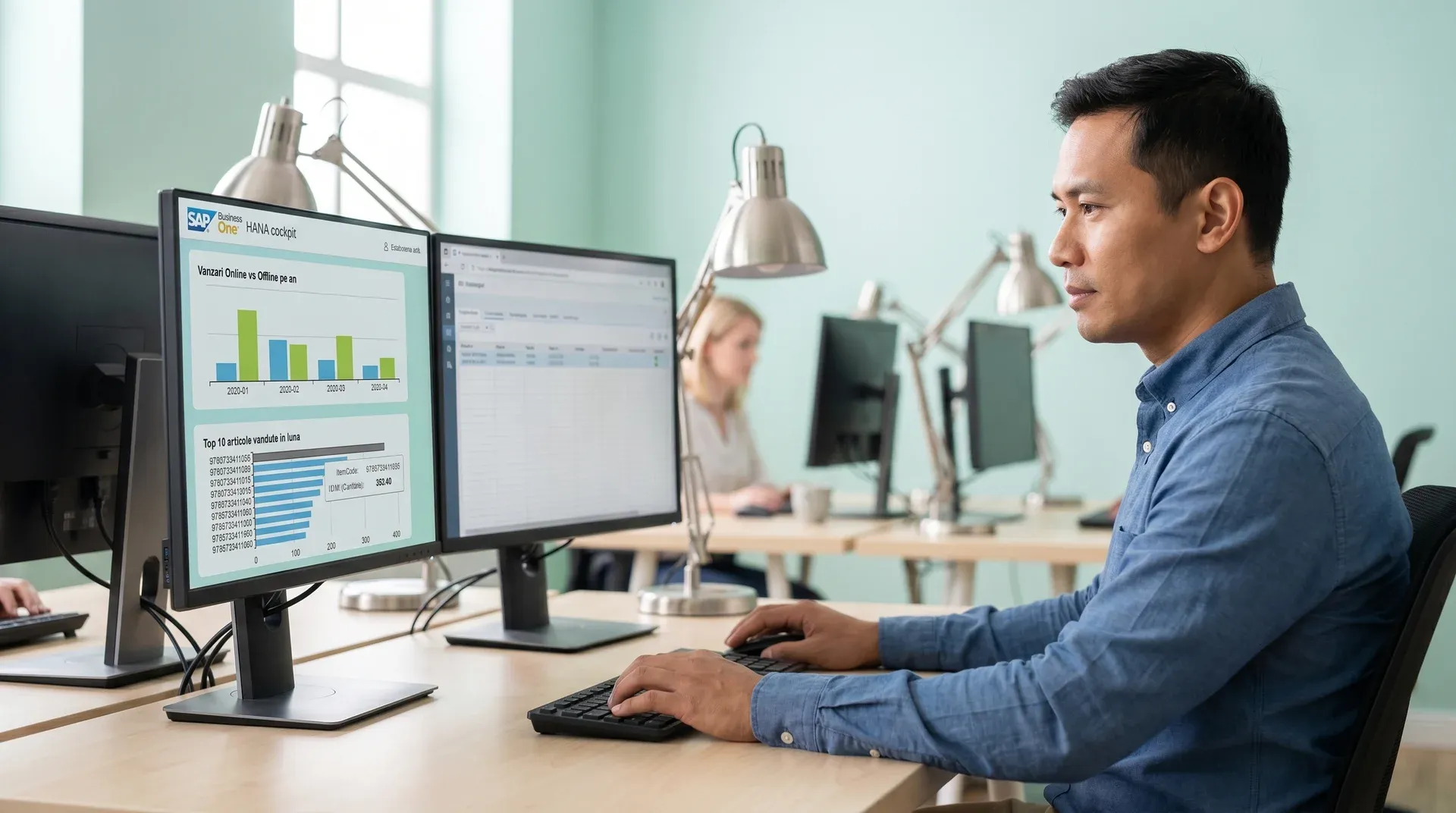Operations leader reviewing manufacturing and distribution data on multiple monitors during SAP system review Operations leader reviewing manufacturing and distribution data on multiple monitors during SAP system review