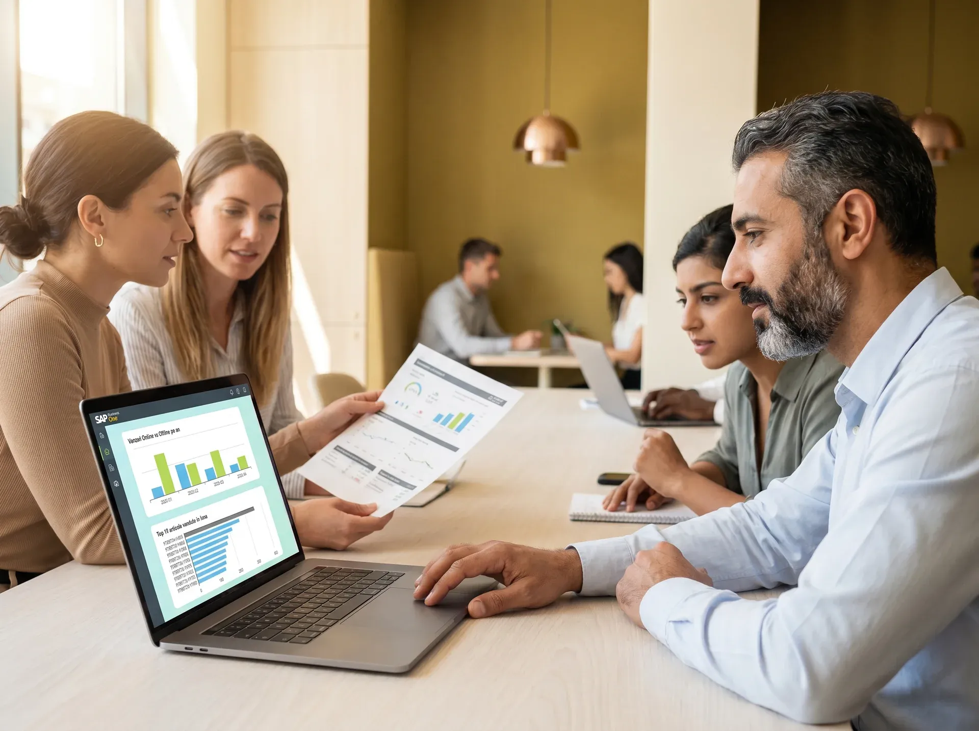 Business team reviewing enterprise resource planning implementation results and SAP system data in a collaborative work session Business team reviewing enterprise resource planning implementation results and SAP system data in a collaborative work session