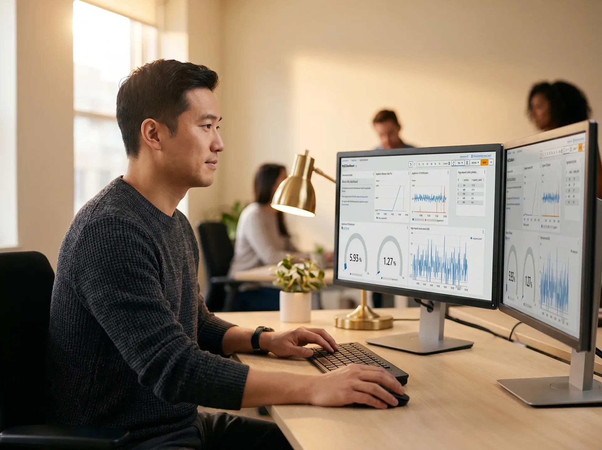 AWS consultant reviewing cloud architecture on a dual-monitor workstation in a modern office AWS consultant reviewing cloud architecture on a dual-monitor workstation in a modern office