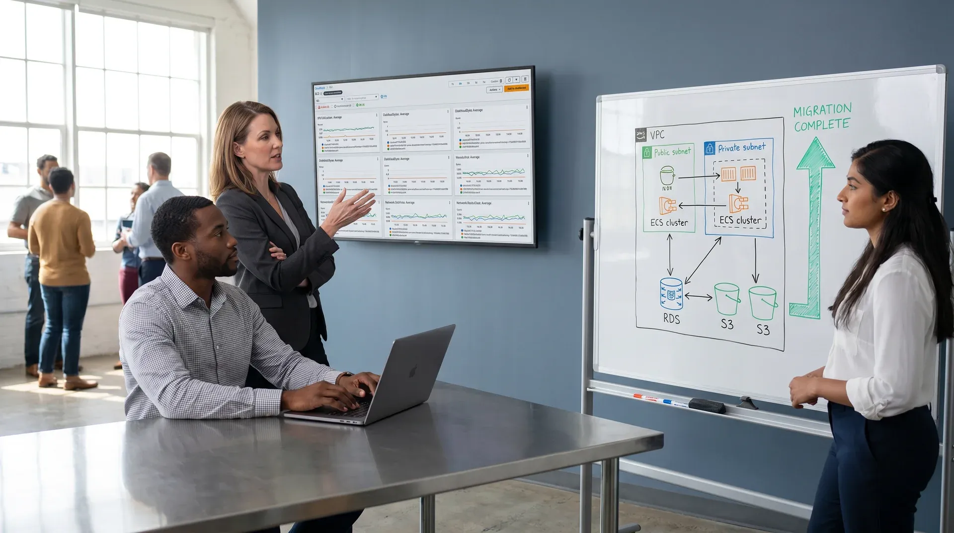 Enterprise IT team mapping cloud migration strategy at a planning session Enterprise IT team mapping cloud migration strategy at a planning session