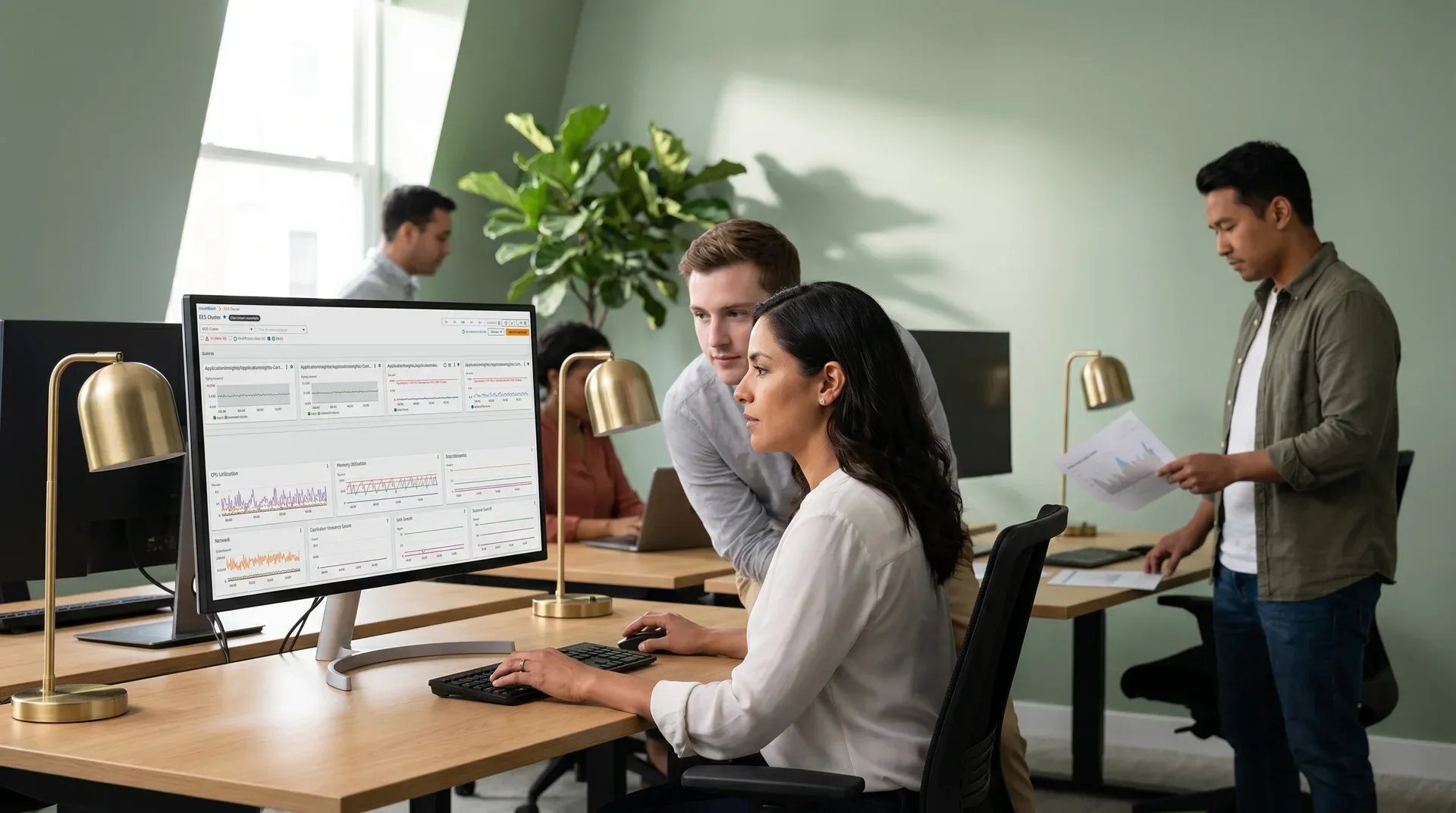 SaaS platform team reviewing live AWS deployment metrics at their workstations SaaS platform team reviewing live AWS deployment metrics at their workstations