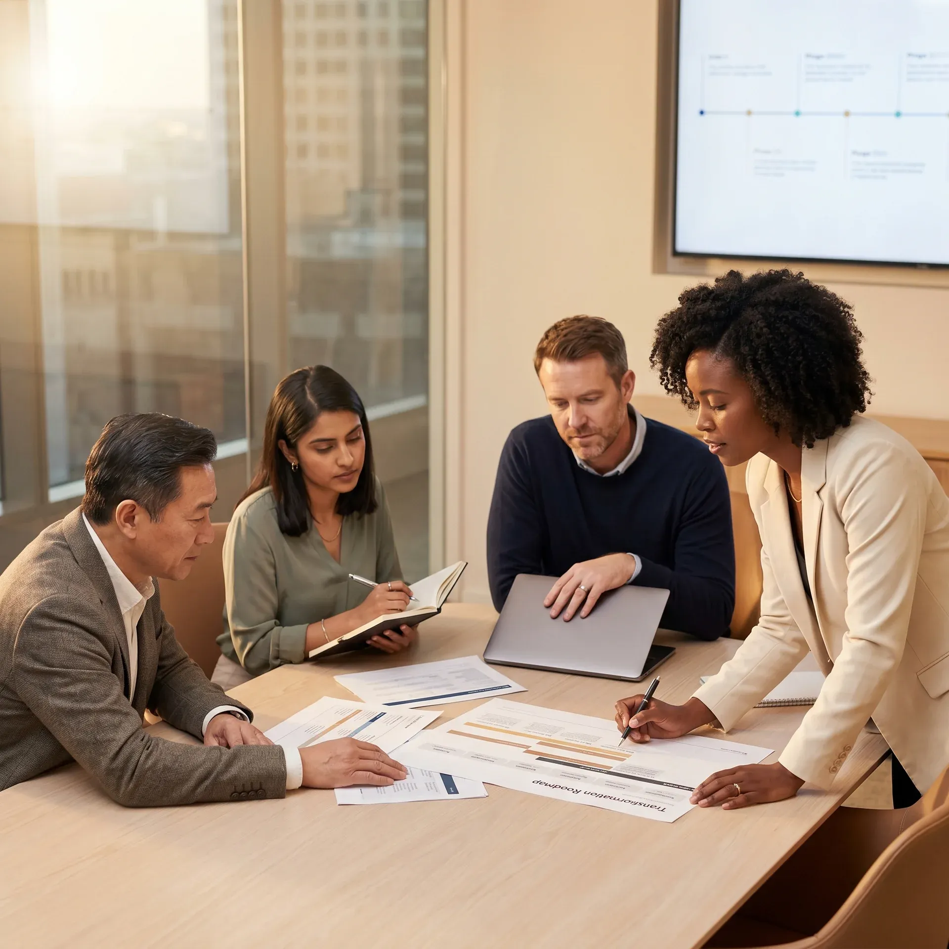 Consulting team collaborating around strategy plans in a modern boardroom