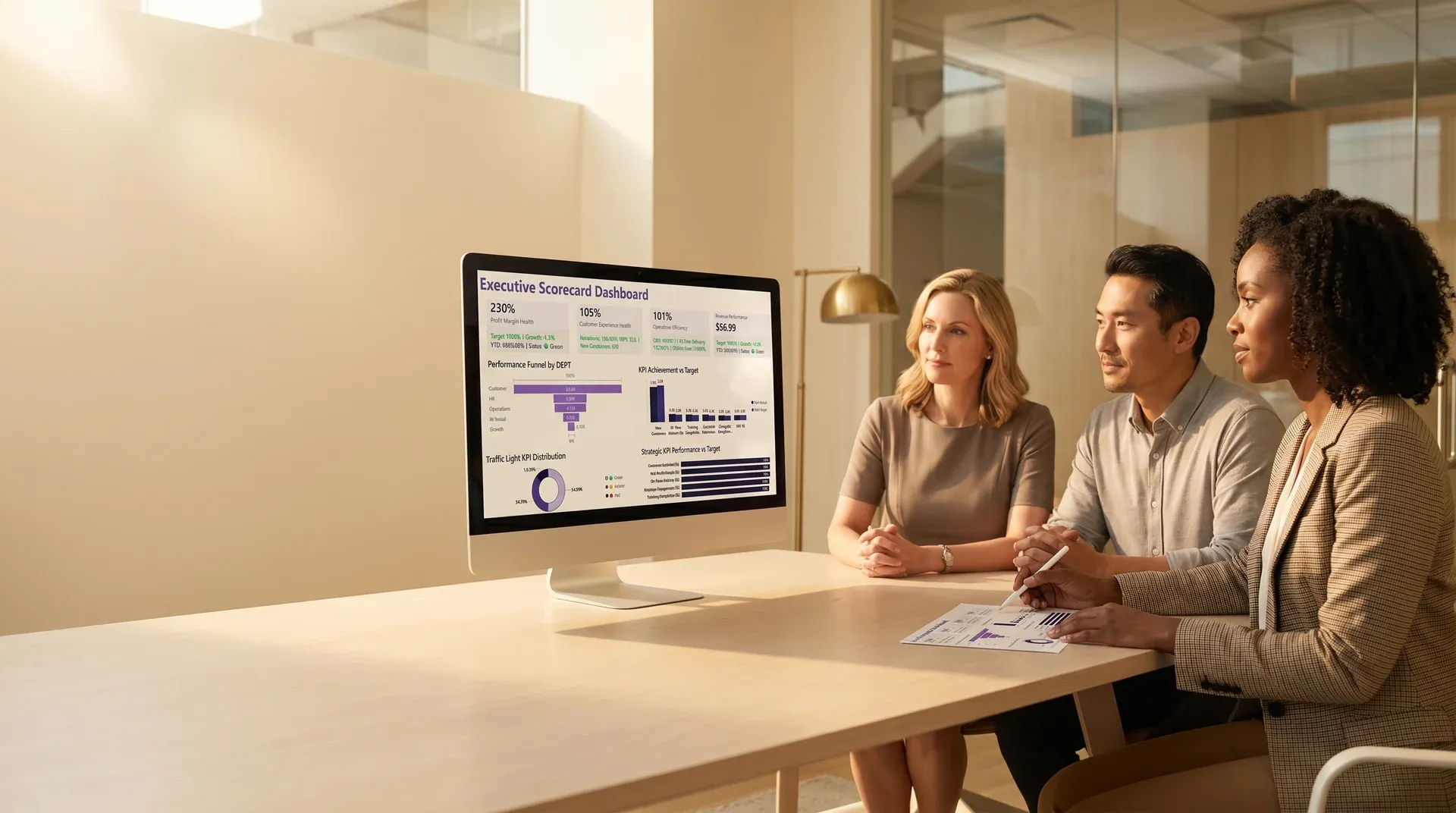 Consultant and client reviewing strategic assessment priorities together at a modern office table Consultant and client reviewing strategic assessment priorities together at a modern office table