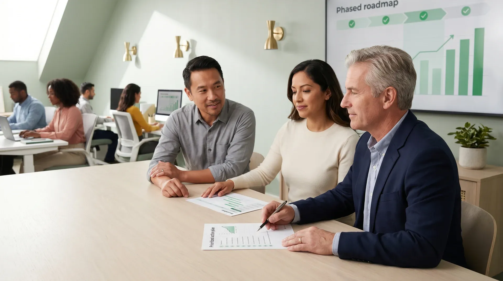 Leadership team reviewing a clear prioritized action plan after a structured assessment Leadership team reviewing a clear prioritized action plan after a structured assessment