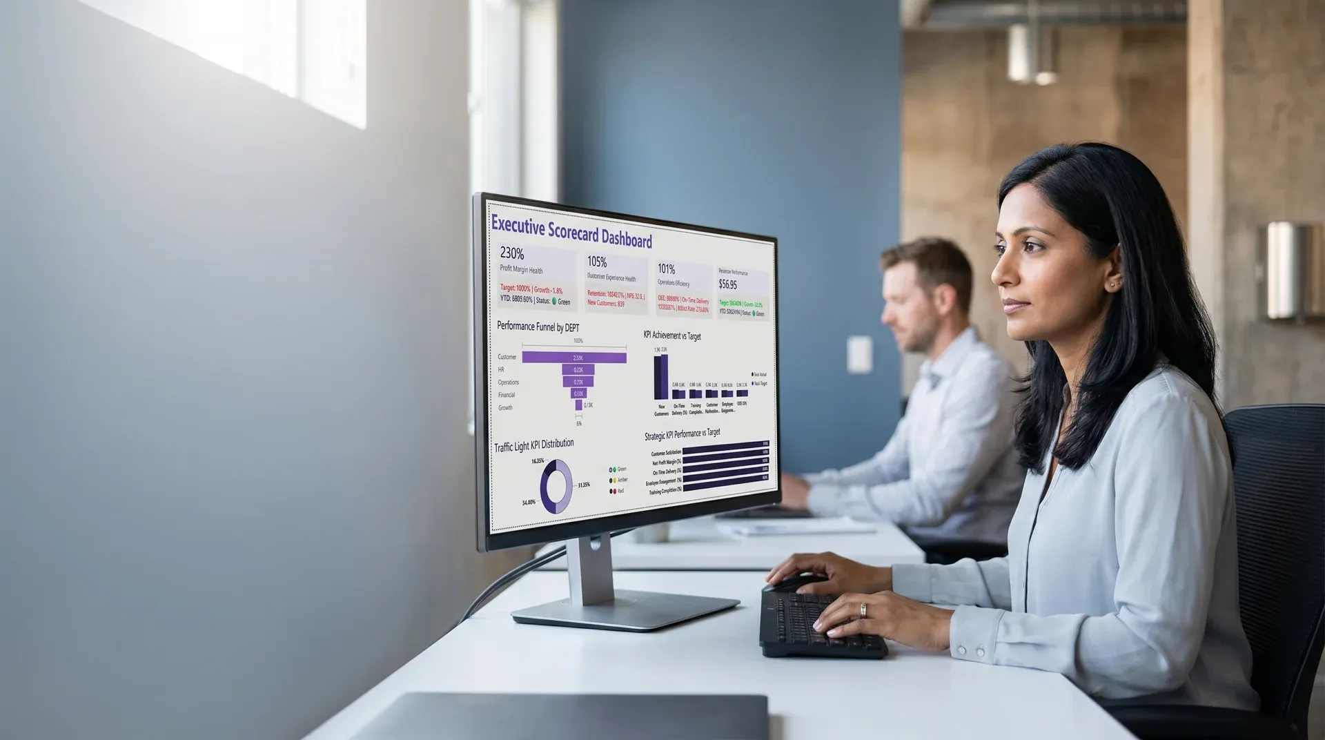 Executive evaluating structured business performance data and assessment results with confidence Executive evaluating structured business performance data and assessment results with confidence