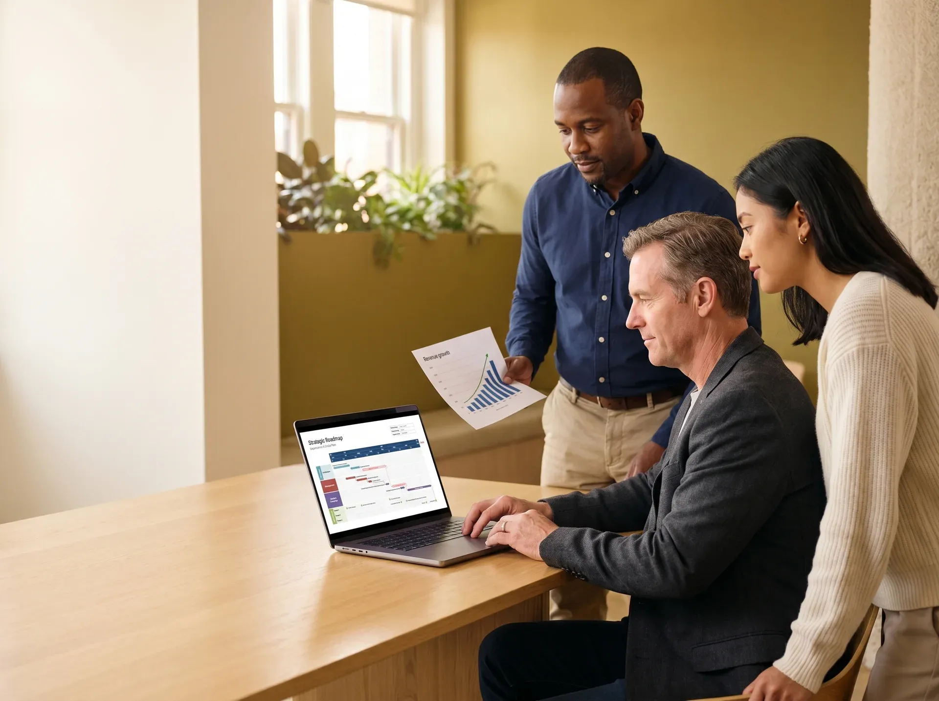 Leadership team reviewing revenue growth milestones and strategy roadmap results in a modern office setting Leadership team reviewing revenue growth milestones and strategy roadmap results in a modern office setting