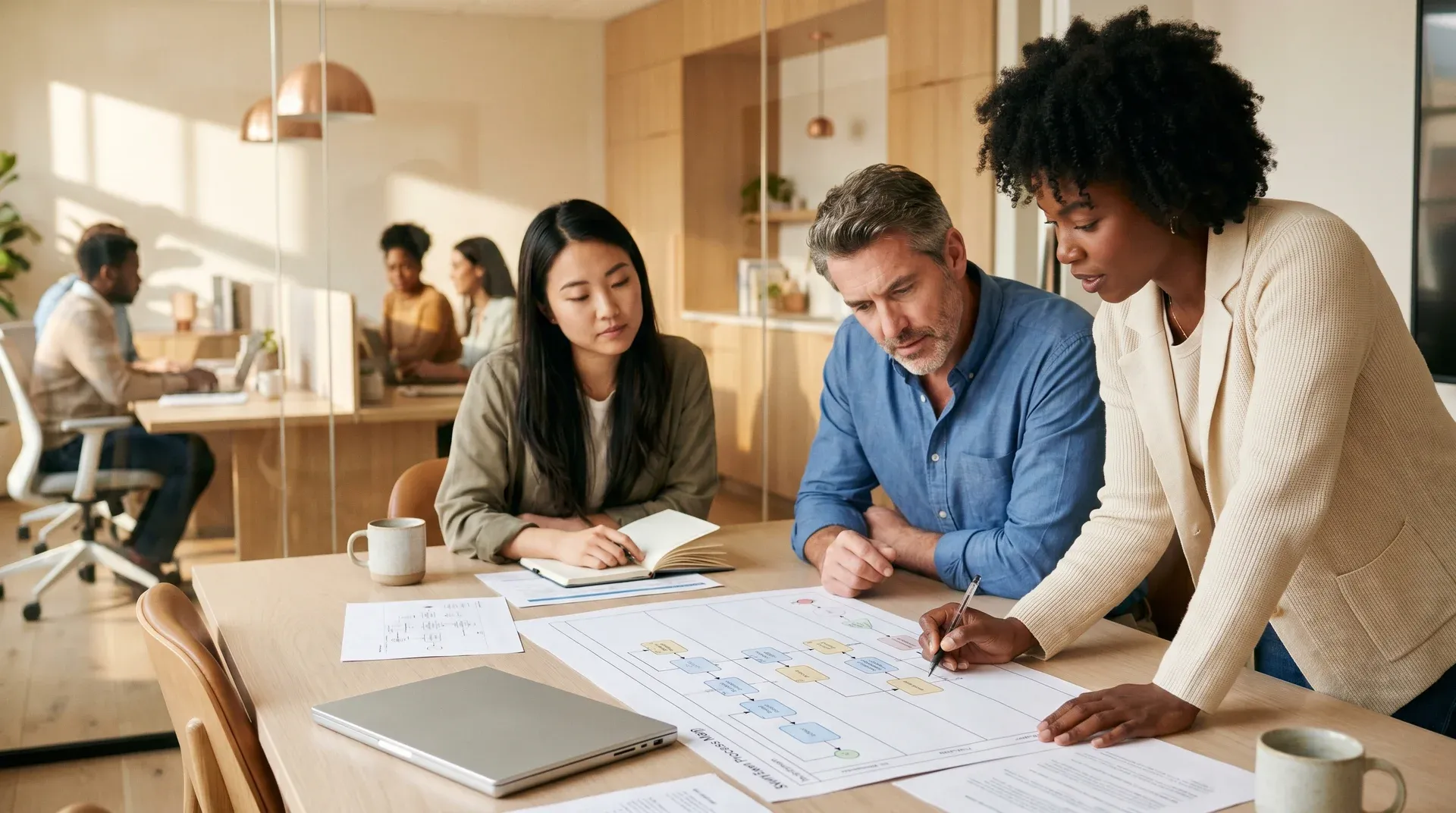 Consulting team reviewing process documentation together in a modern office Consulting team reviewing process documentation together in a modern office