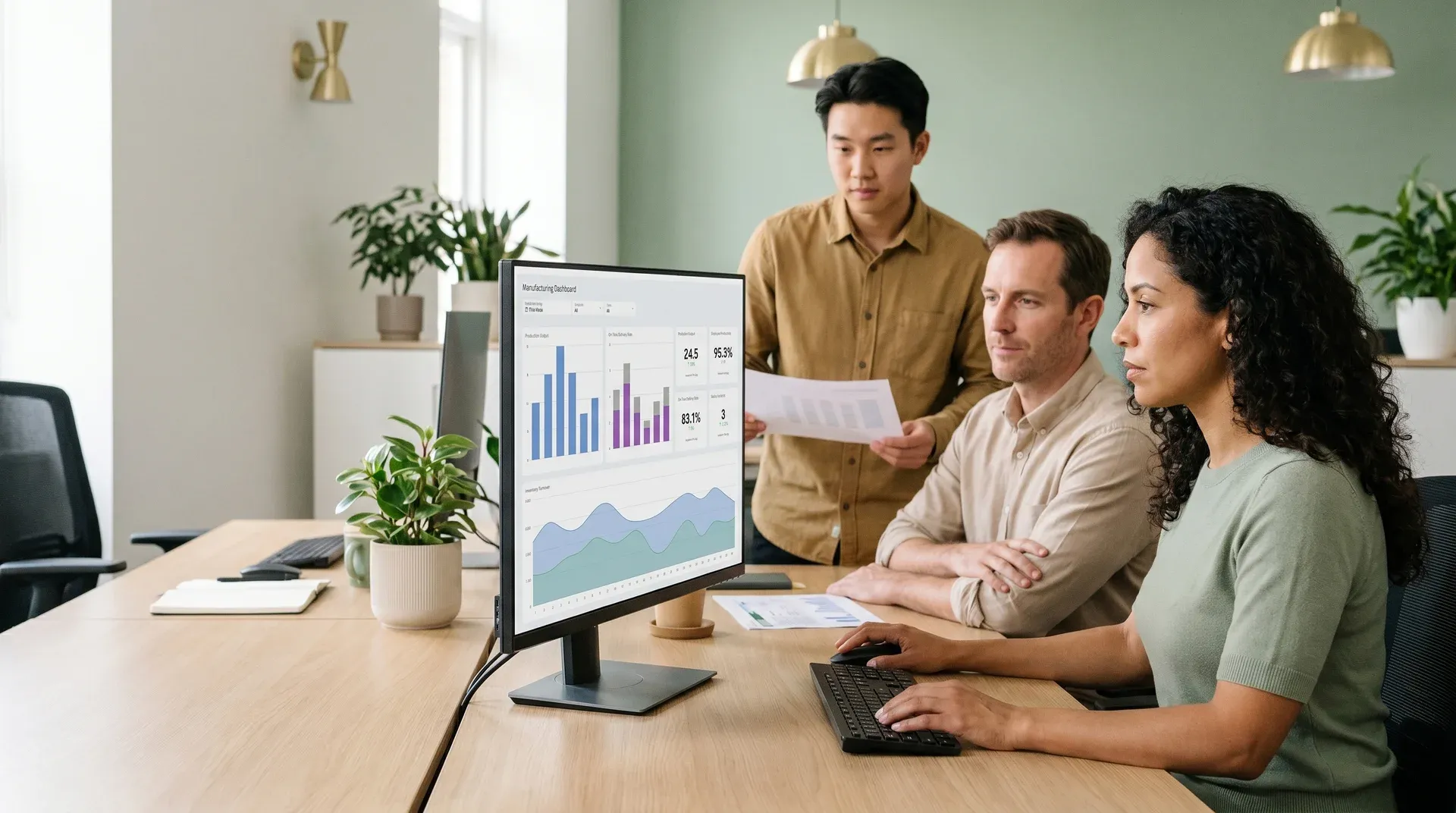 Operations team reviewing unified process metrics at their workstations after a process audit Operations team reviewing unified process metrics at their workstations after a process audit