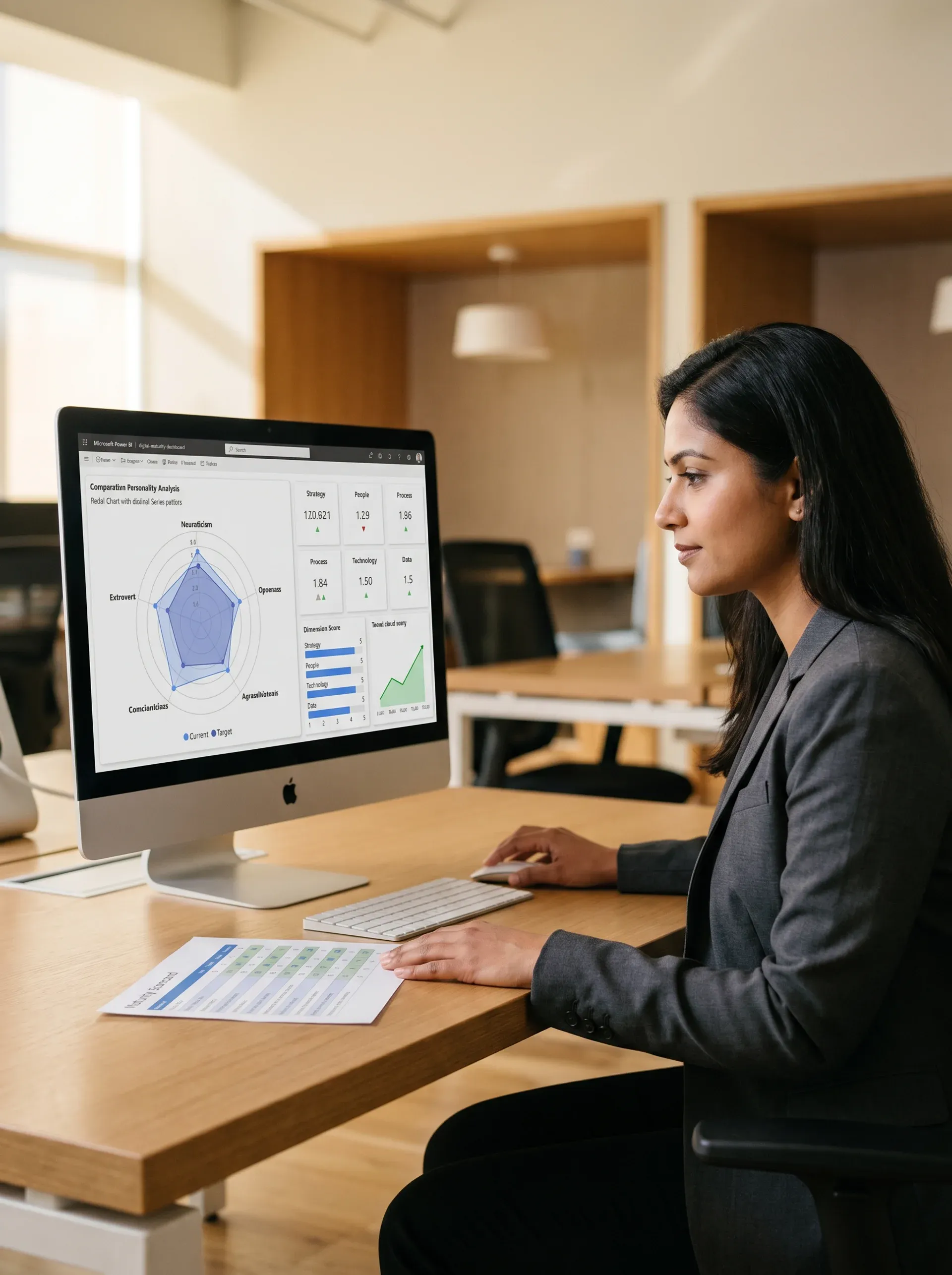 Strategy consultant reviewing digital transformation maturity scorecard at a modern desk with natural window light