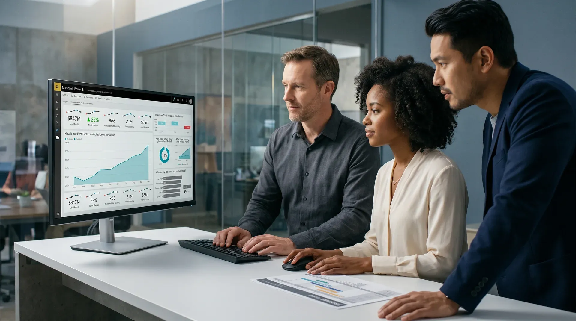 Operations team reviewing a unified digital maturity scorecard with improving dimension scores in an office setting