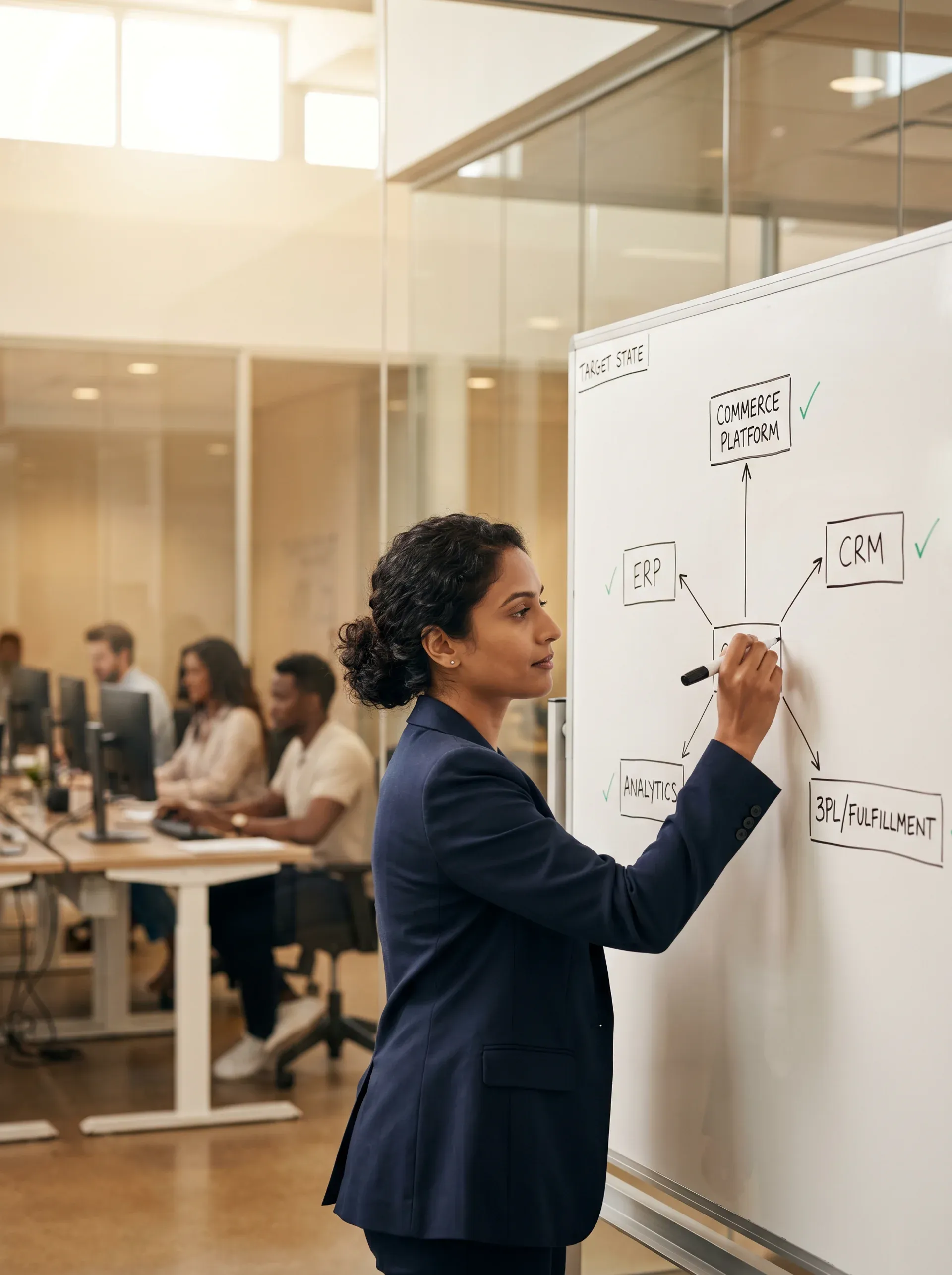 Consultant reviewing a technology stack architecture diagram on a whiteboard Consultant reviewing a technology stack architecture diagram on a whiteboard