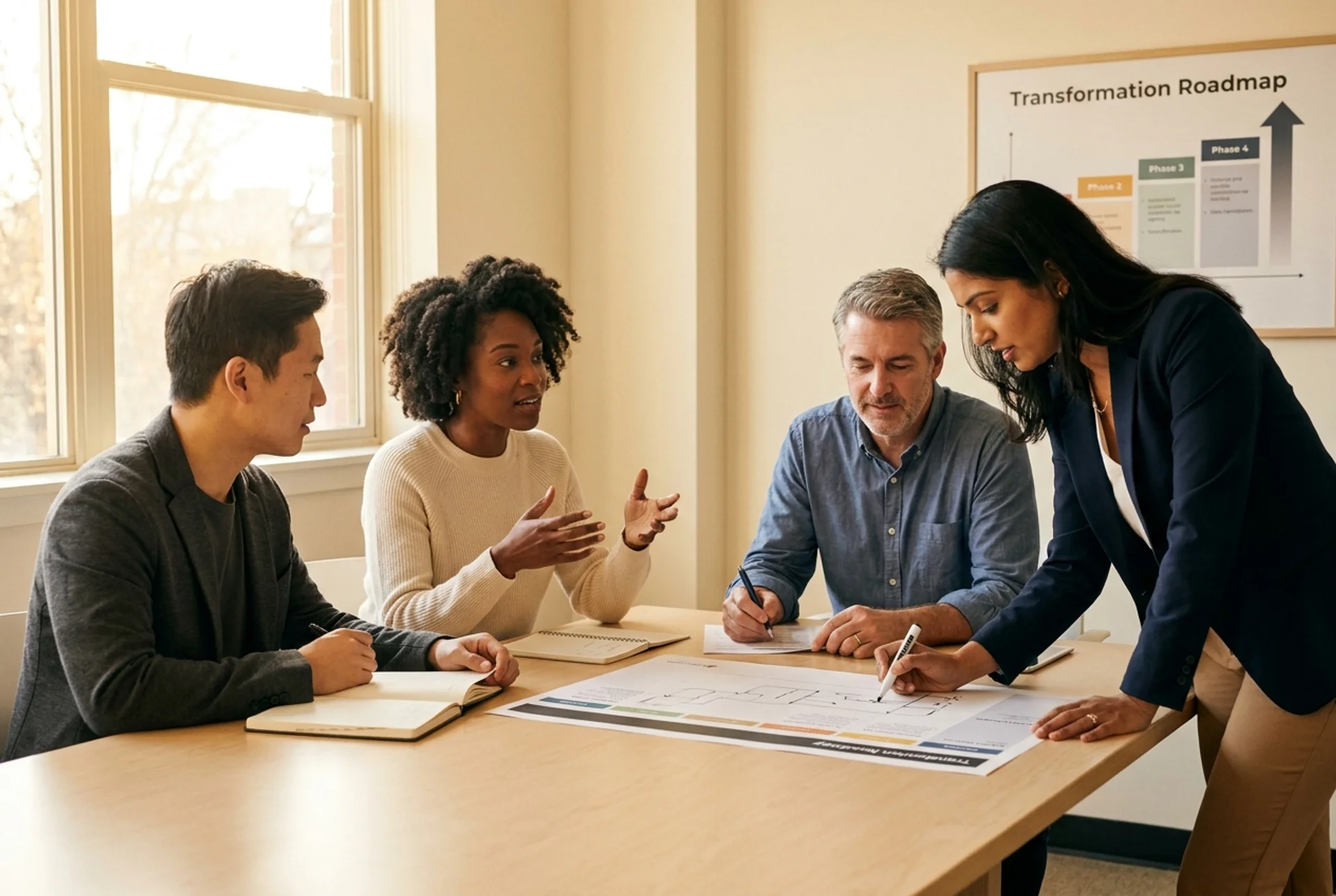 Senior strategy consultant reviewing a 90 day growth roadmap with a CEO and CFO on a wall mounted display Senior strategy consultant reviewing a 90 day growth roadmap with a CEO and CFO on a wall mounted display