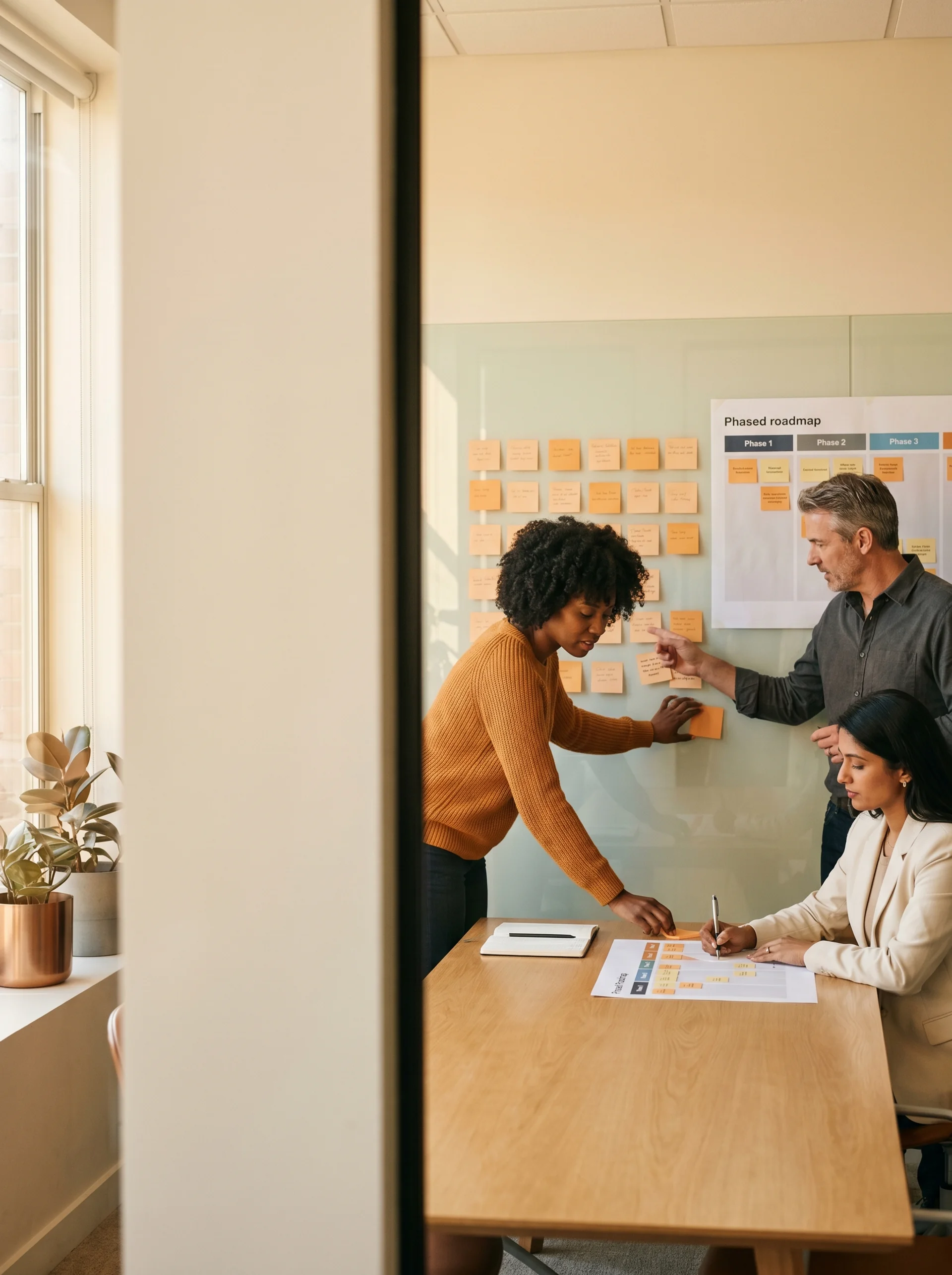 Senior strategy partner walking a CFO through a printed 90 day plan at a standing desk in a glass walled office Senior strategy partner walking a CFO through a printed 90 day plan at a standing desk in a glass walled office