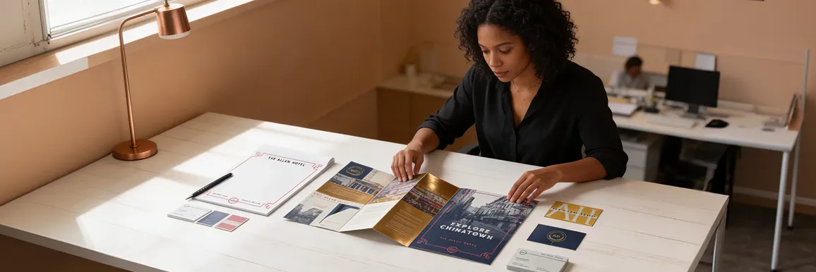 Graphic designer carefully laying out marketing brochure design materials across a large desk with natural overhead light and reference print samples Graphic designer carefully laying out marketing brochure design materials across a large desk with natural overhead light and reference print samples