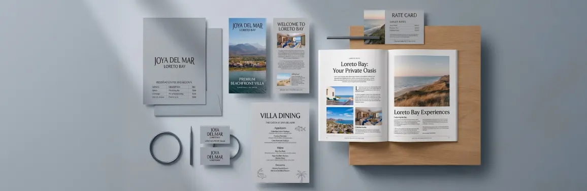 Joya Del Mar Baja hospitality brand print collateral system including brochure, rate card, and welcome materials laid flat on a clean white surface in studio light Joya Del Mar Baja hospitality brand print collateral system including brochure, rate card, and welcome materials laid flat on a clean white surface in studio light